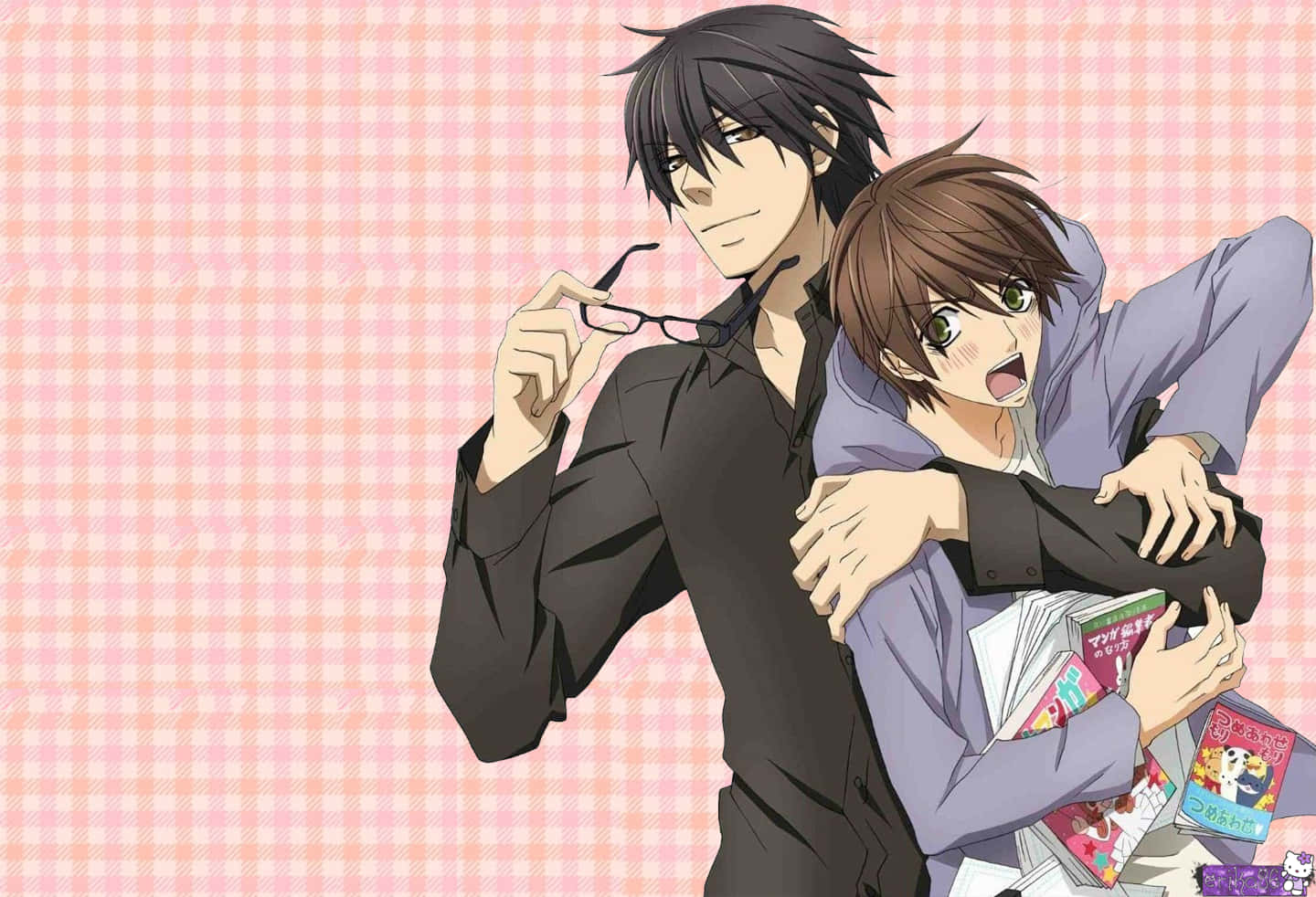 gay anime, pink checkered background, glasses, HD Desktop Wallpaper