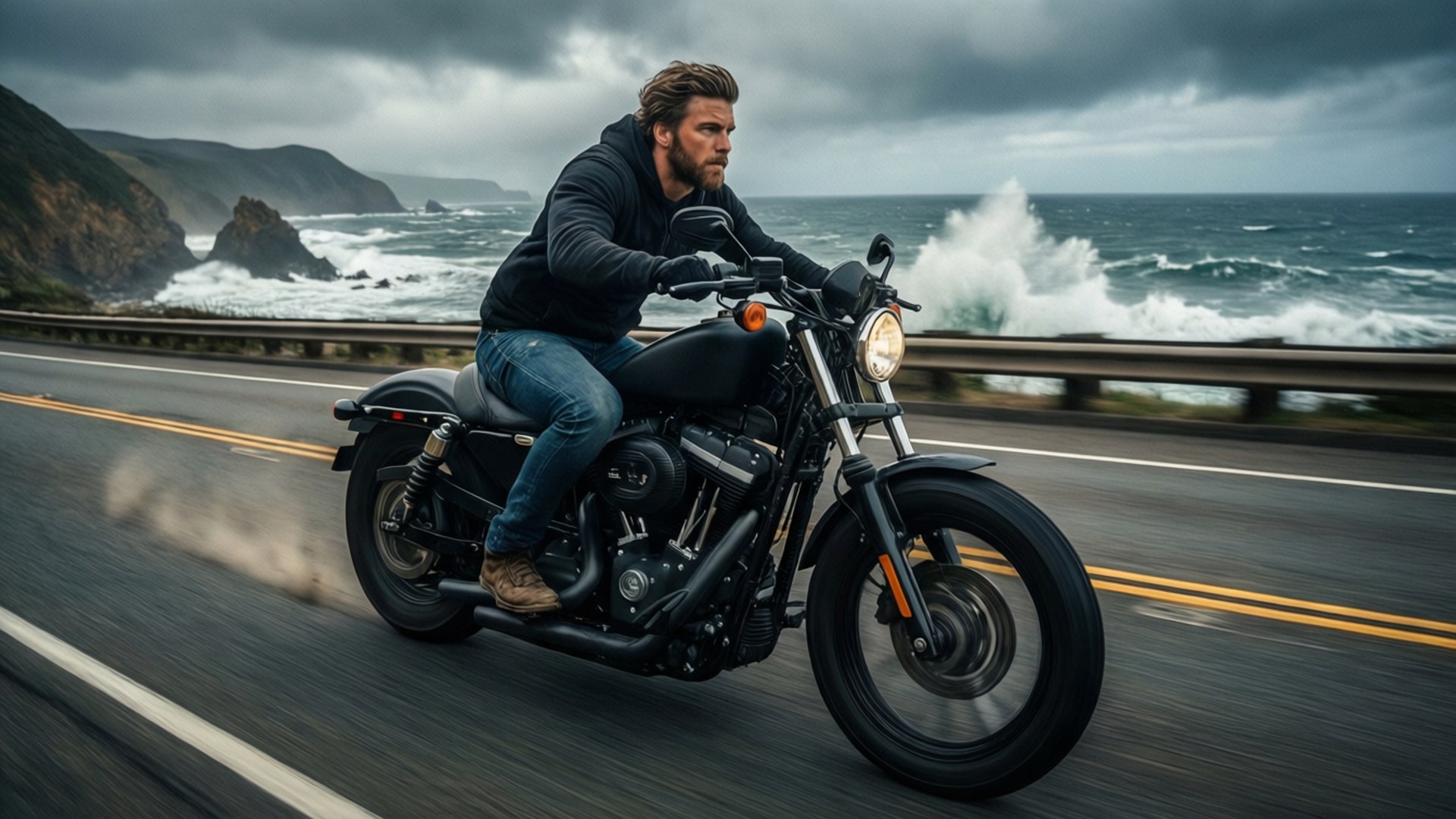 Quent Yaiden, motorcycle, coast, Full HD Desktop Wallpaper
