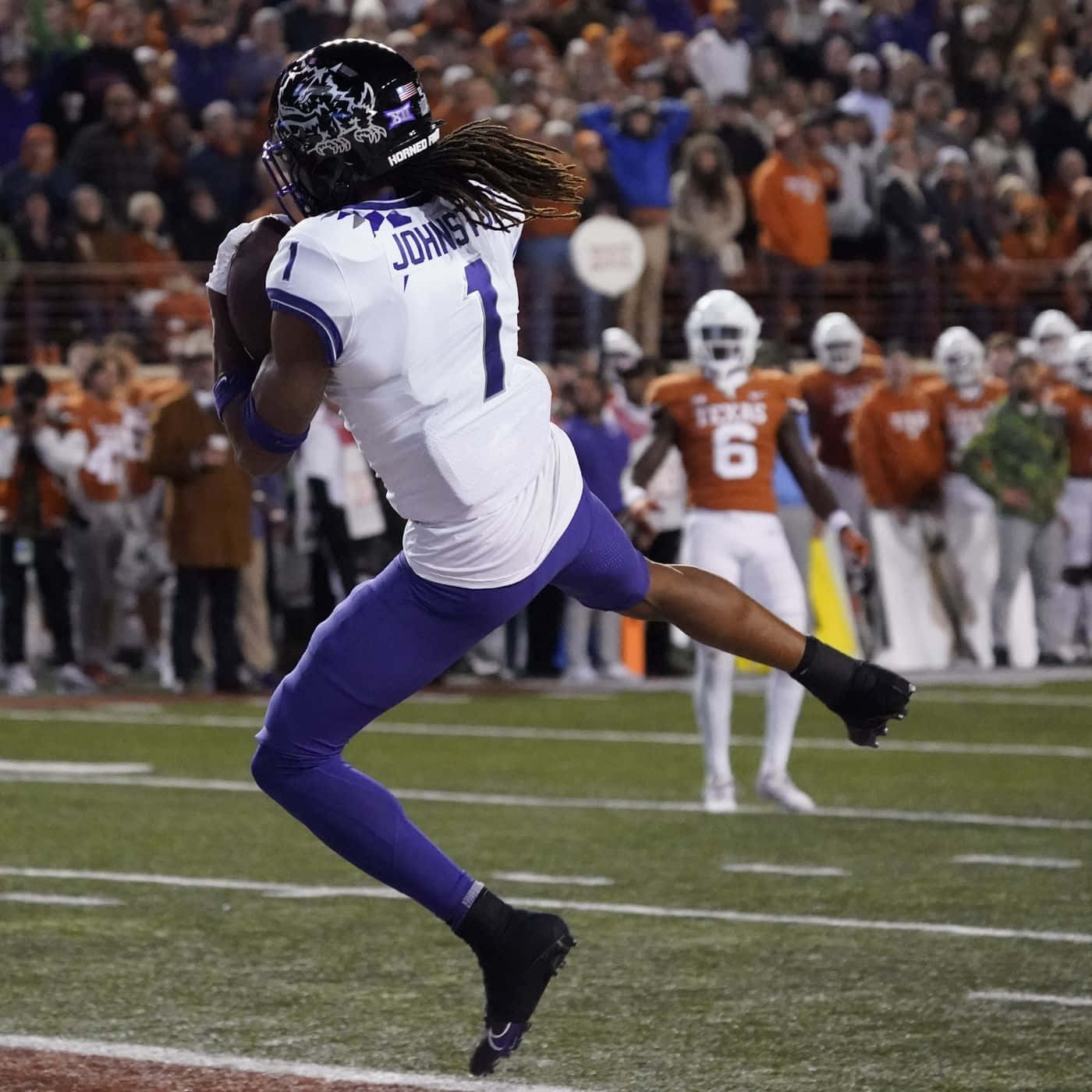 Quentin Johnston, white and purple uniform, night game, HD Desktop Wallpaper