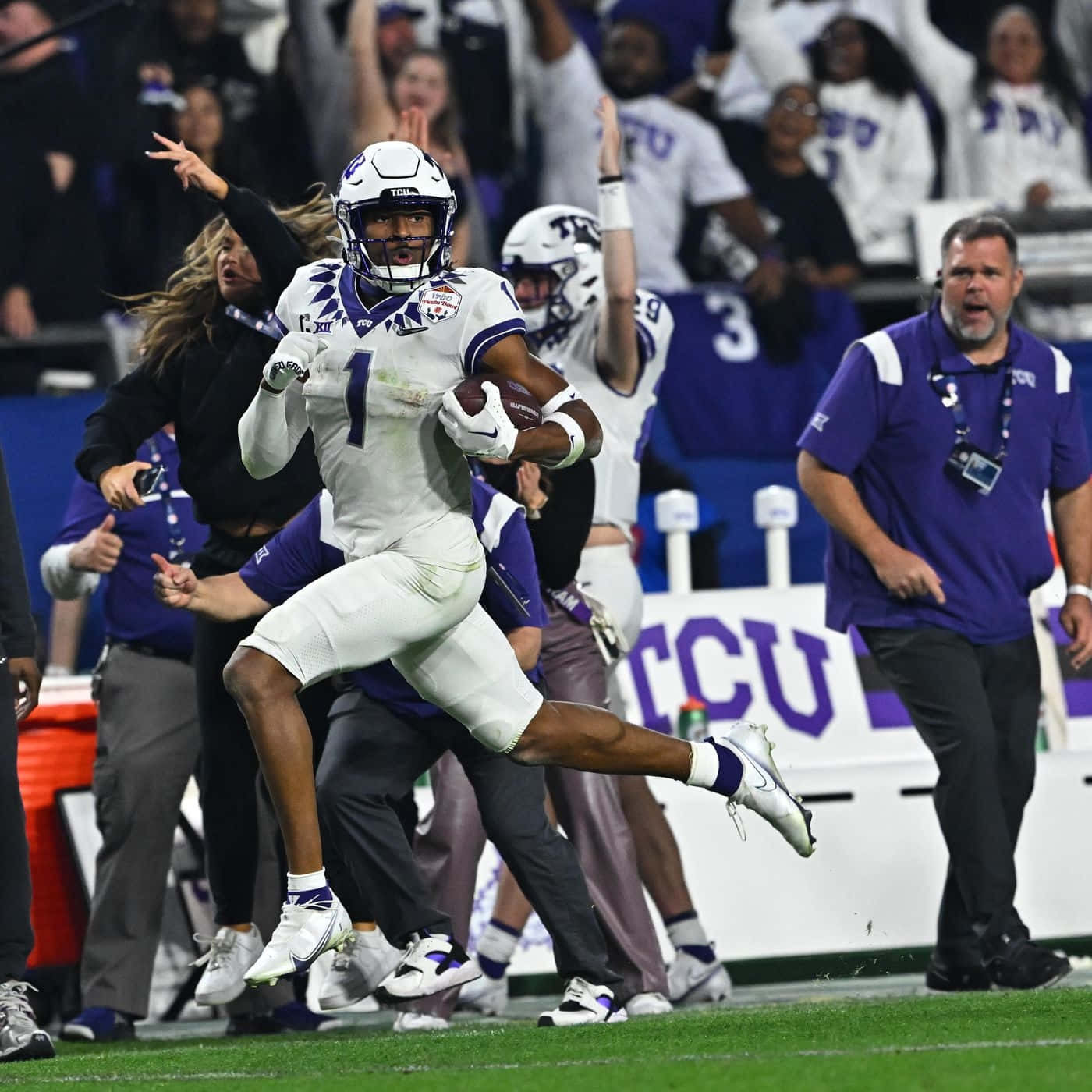 T C U, white and purple uniform, lit field, HD Desktop Wallpaper
