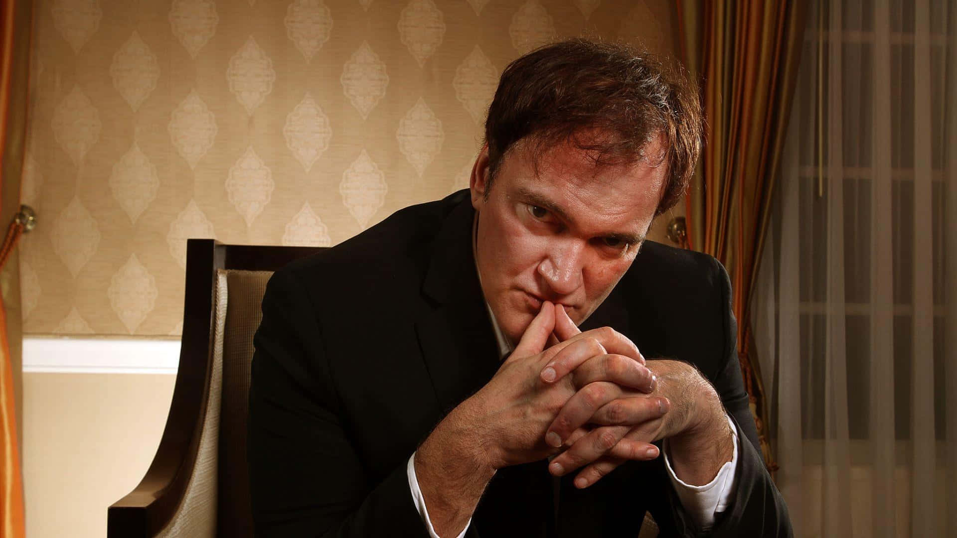 Quentin Tarantino, black suit, chair, Full HD Desktop Wallpaper