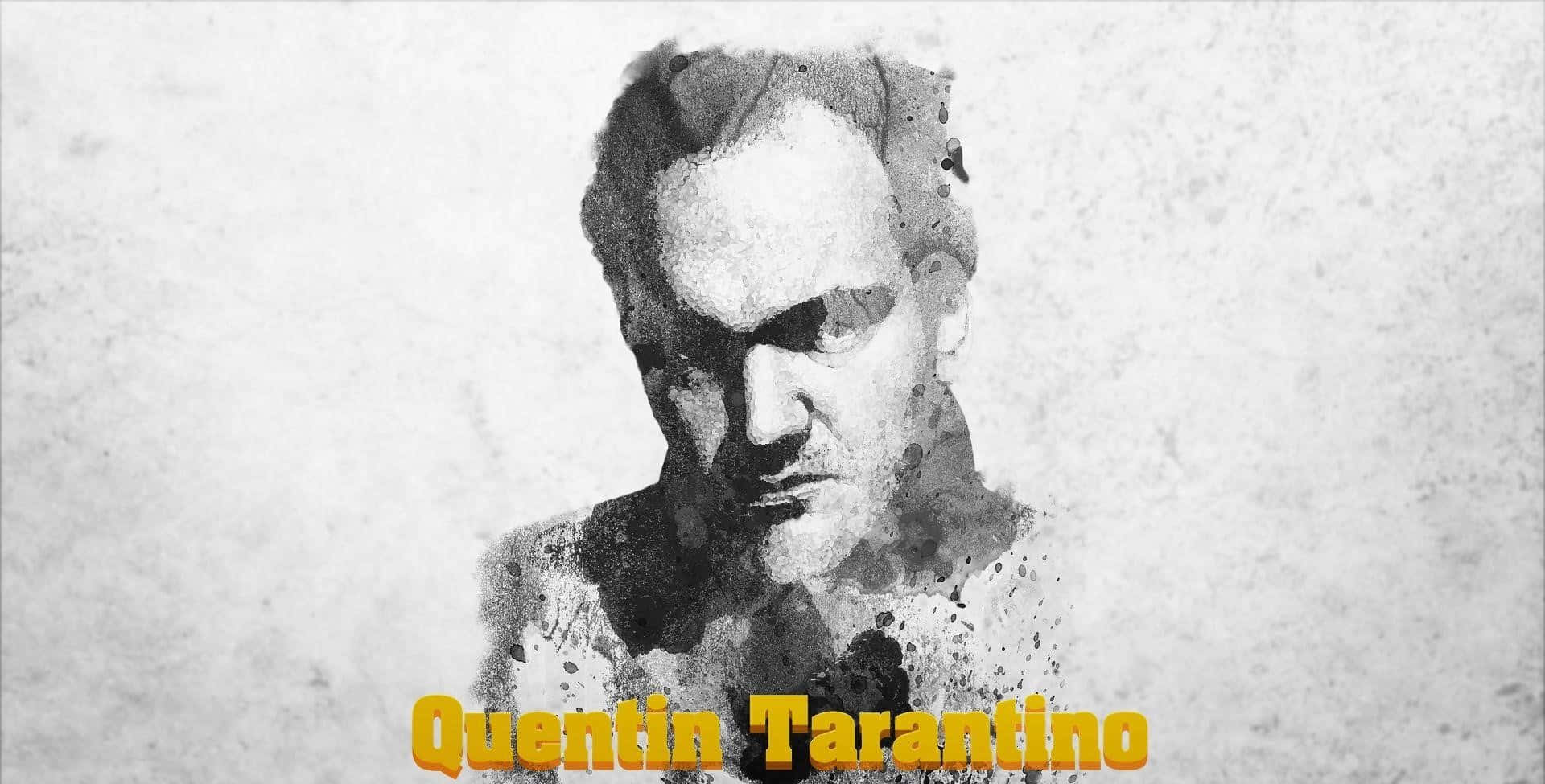 Quentin Tarantino, watercolor portrait, bold yellow text, Full HD Desktop Wallpaper