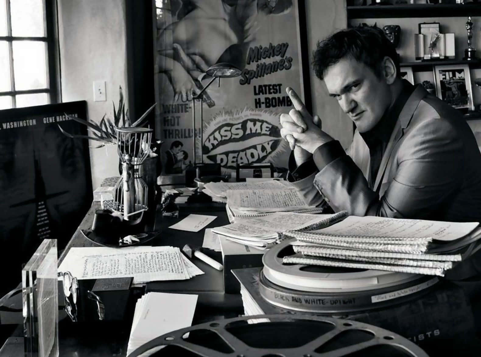Quentin Tarantino, black and white photo, cluttered desk, HD Desktop Wallpaper