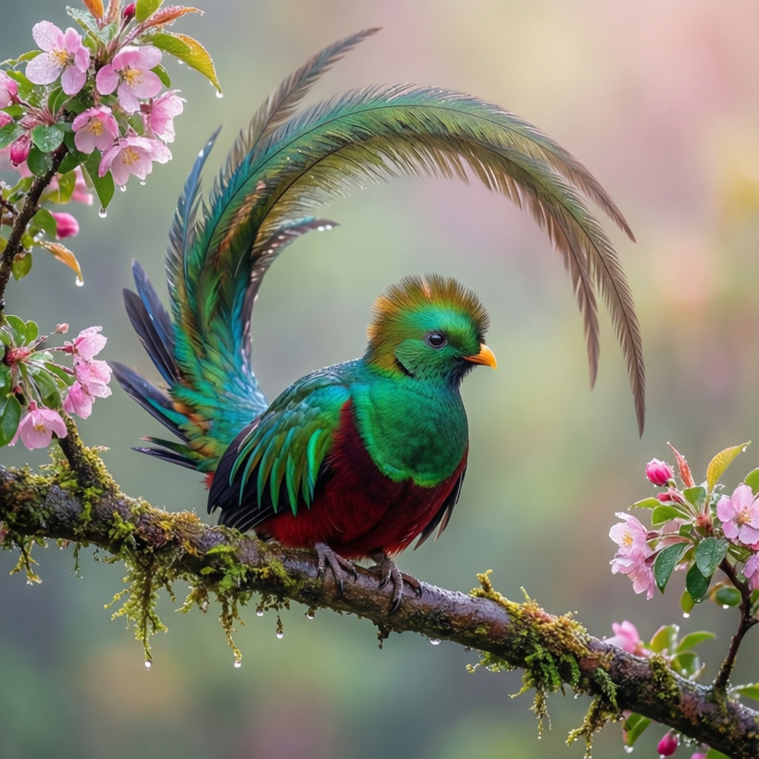 quetzal, flowering branch, arching tail feathers, HD Desktop Wallpaper