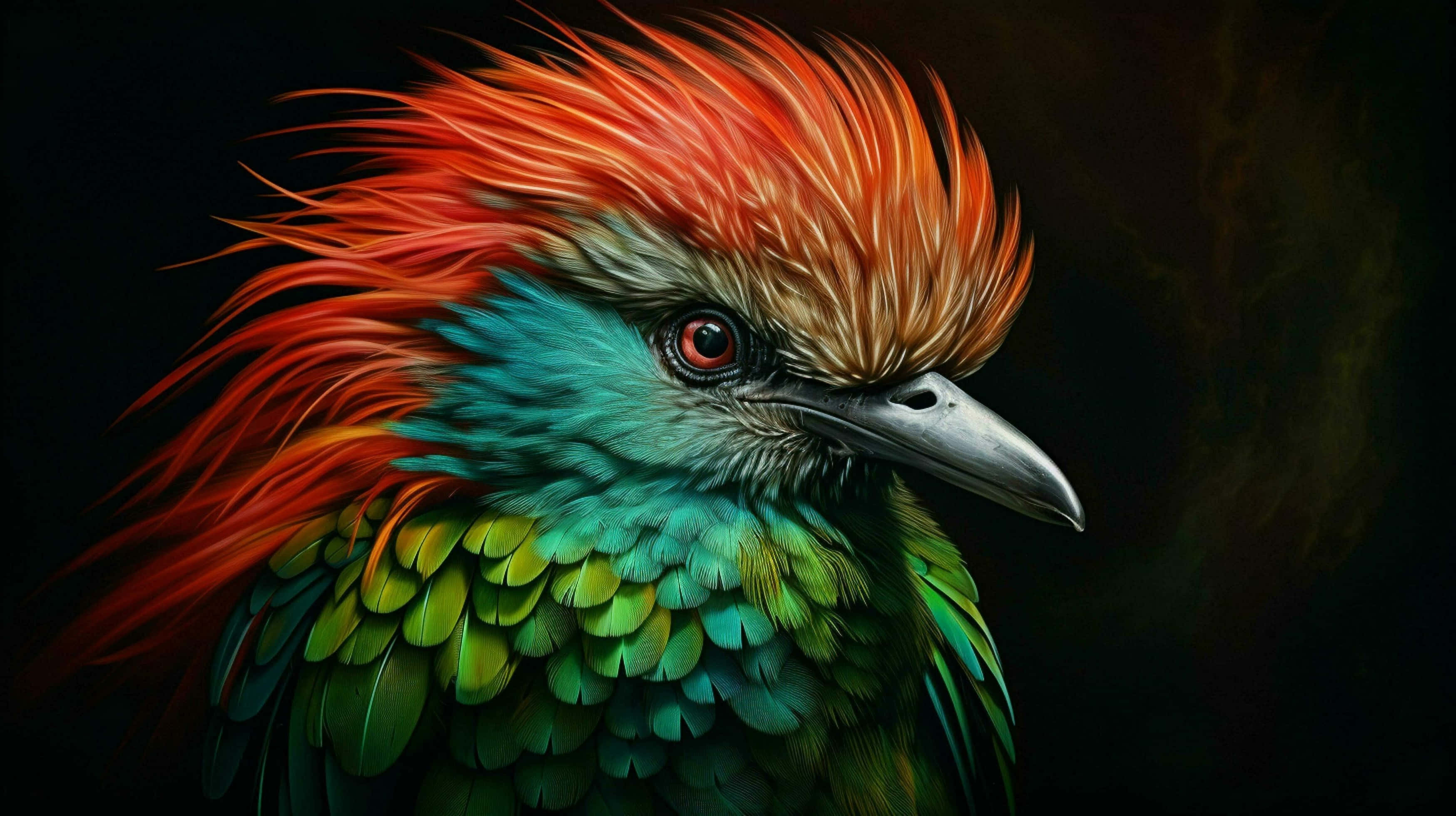 Vibrant Quetzal, fiery red crest, teal-green feathers, 2K Desktop Wallpaper
