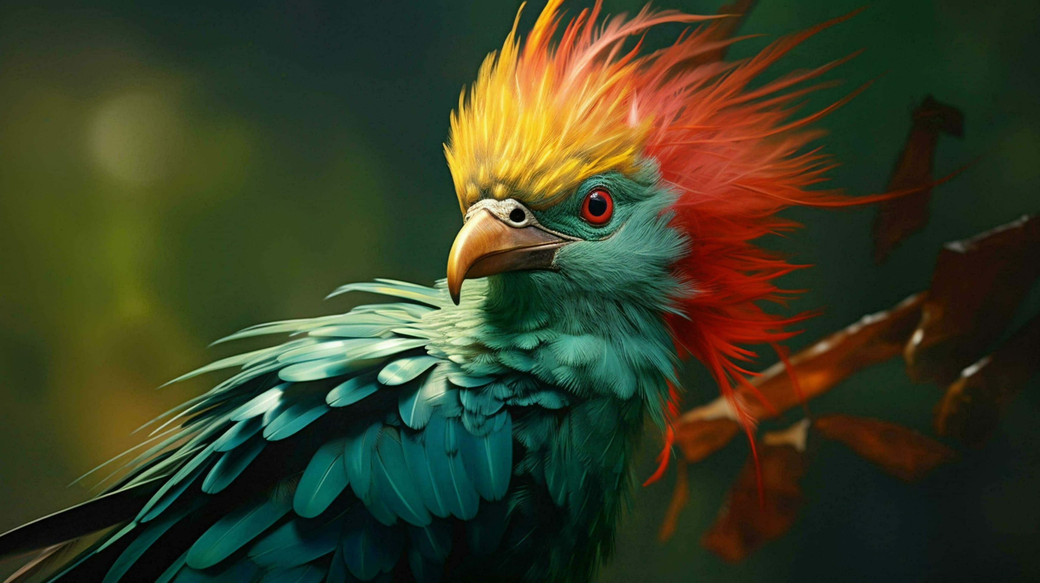 Quetzal, fiery orange and yellow crest feathers, teal body, 2K Desktop Wallpaper