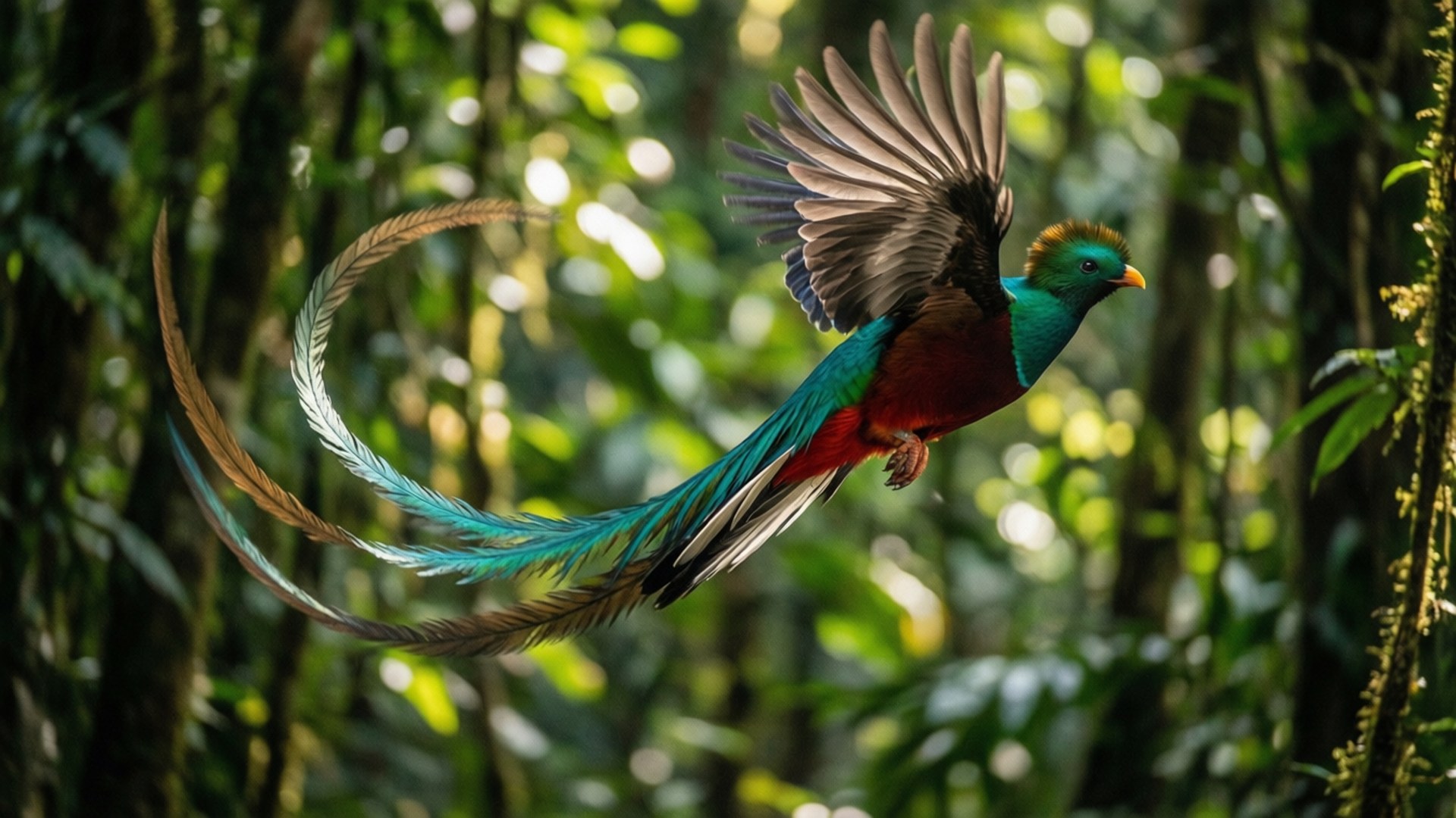 quetzal, mid-flight, long tail feathers, Full HD Desktop Wallpaper