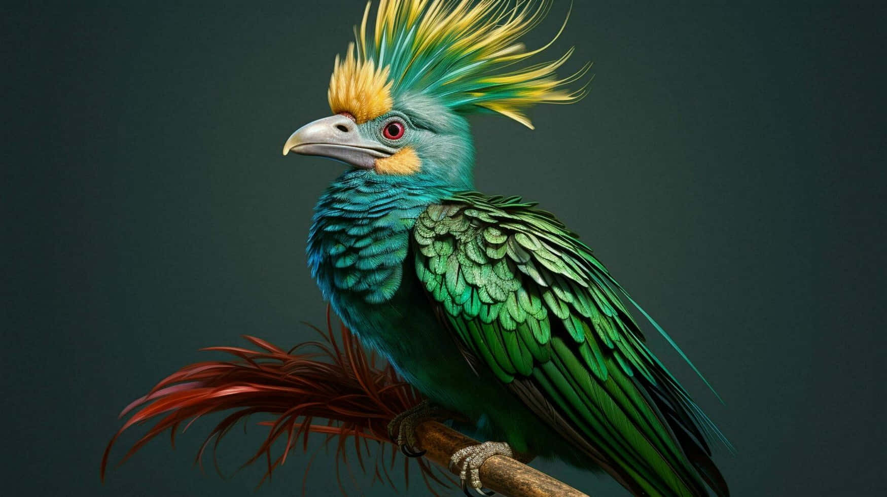 Vibrant Quetzal, turquoise feathers, spiky yellow crest, HD Desktop Wallpaper