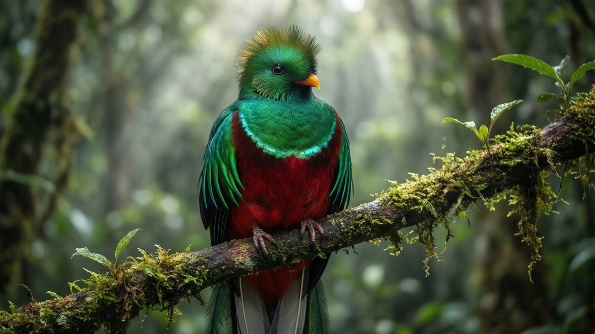 quetzal, misty cloud forest, vibrant green feathers, Full HD Desktop Wallpaper