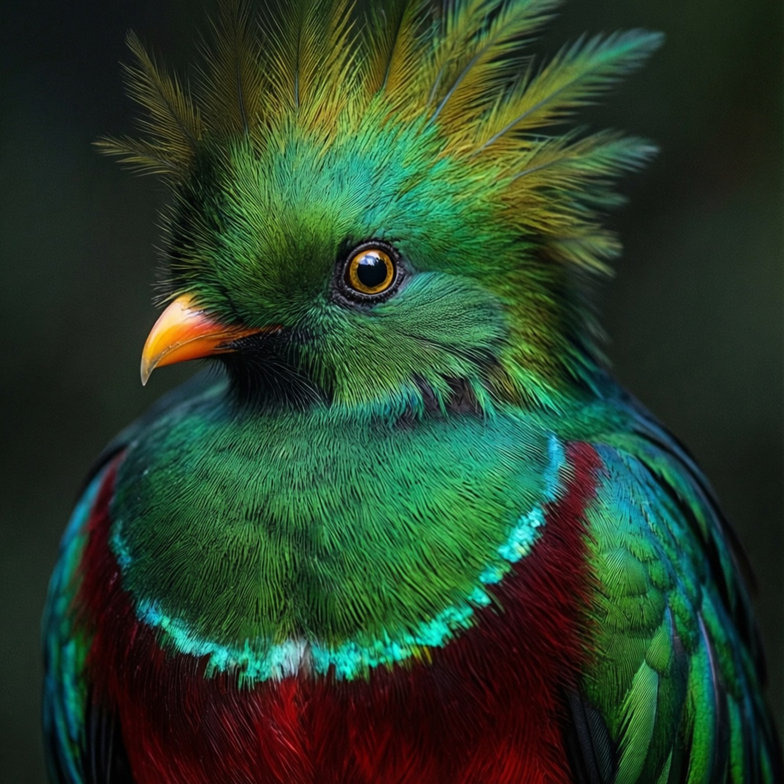 Quetzal, vivid green crest, red belly, HD Desktop Wallpaper