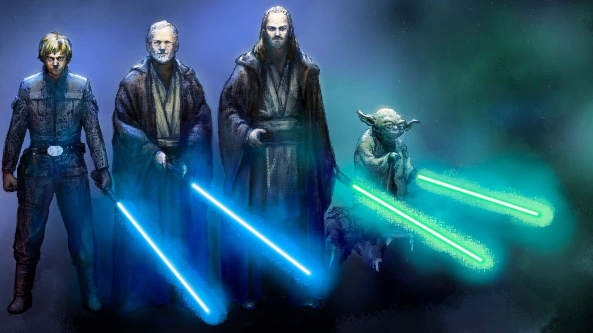 Qui-Gon Jinn, Jedi warriors, glowing blue lightsabers, Full HD Desktop Wallpaper