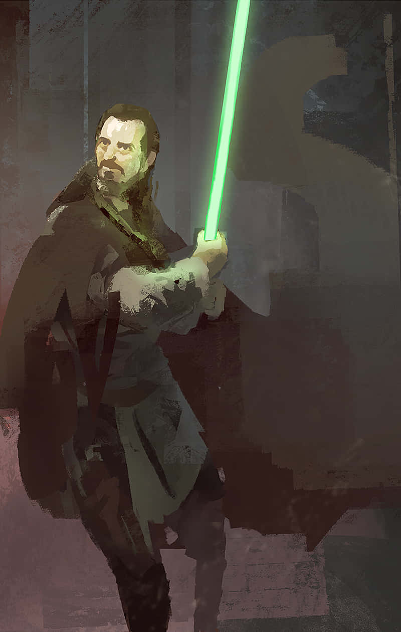Qui-Gon Jinn, green lightsaber, dimly lit, SD Phone Wallpaper