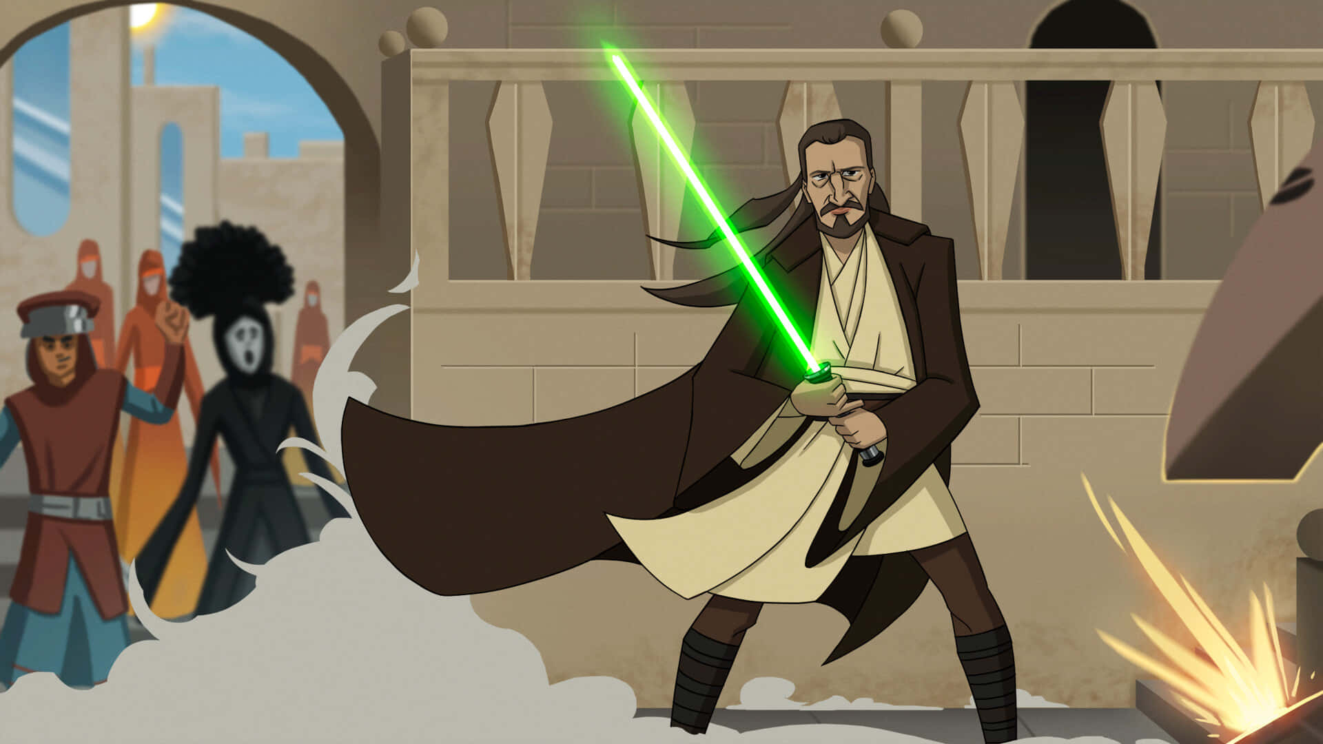 Qui-Gon Jinn, glowing green lightsaber, dusty courtyard, Full HD Desktop Wallpaper