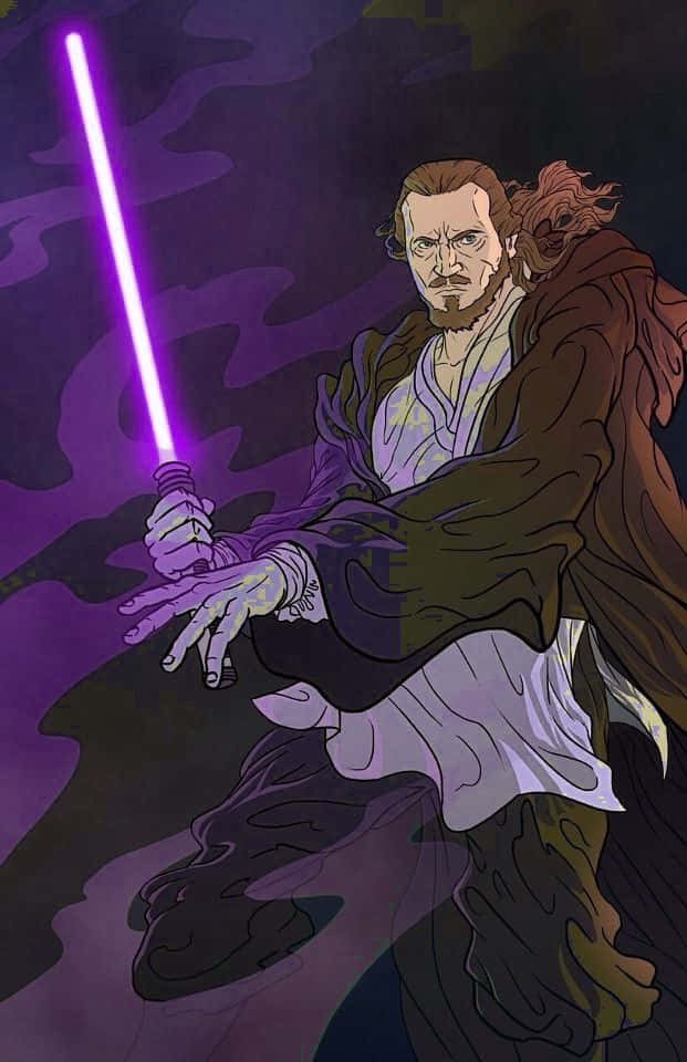 Qui-gon Jinn, purple lightsaber, swirling dark purple background, SD Phone Wallpaper