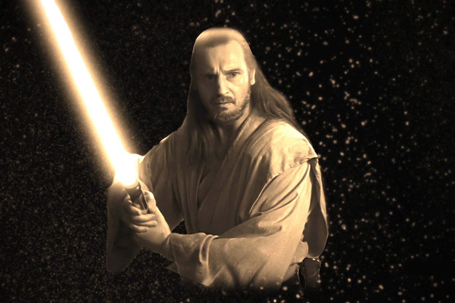 Qui-Gon Jinn, lightsaber, starry cosmic backdrop, HD Desktop Wallpaper