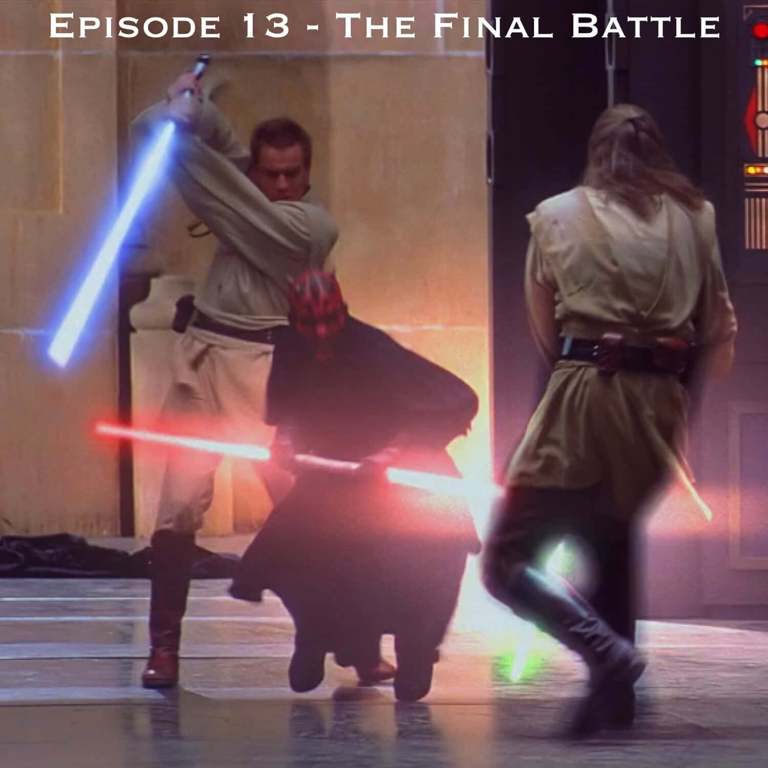 Qui-Gon Jinn, Jedi warriors, glowing blue lightsabers, HD Desktop Wallpaper
