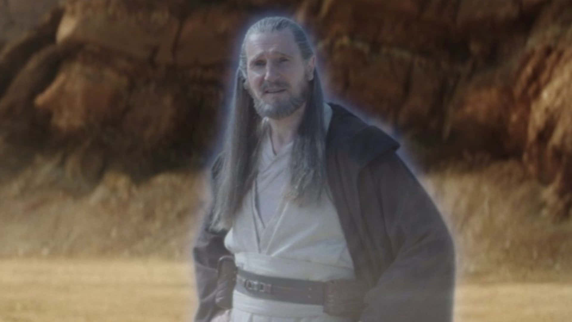 Qui-Gon Jinn, desert canyon, glowing aura, Full HD Desktop Wallpaper