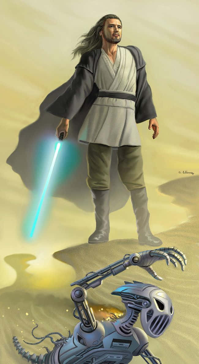 Qui-Gon Jinn, blue lightsaber, desert landscape, SD Phone Wallpaper