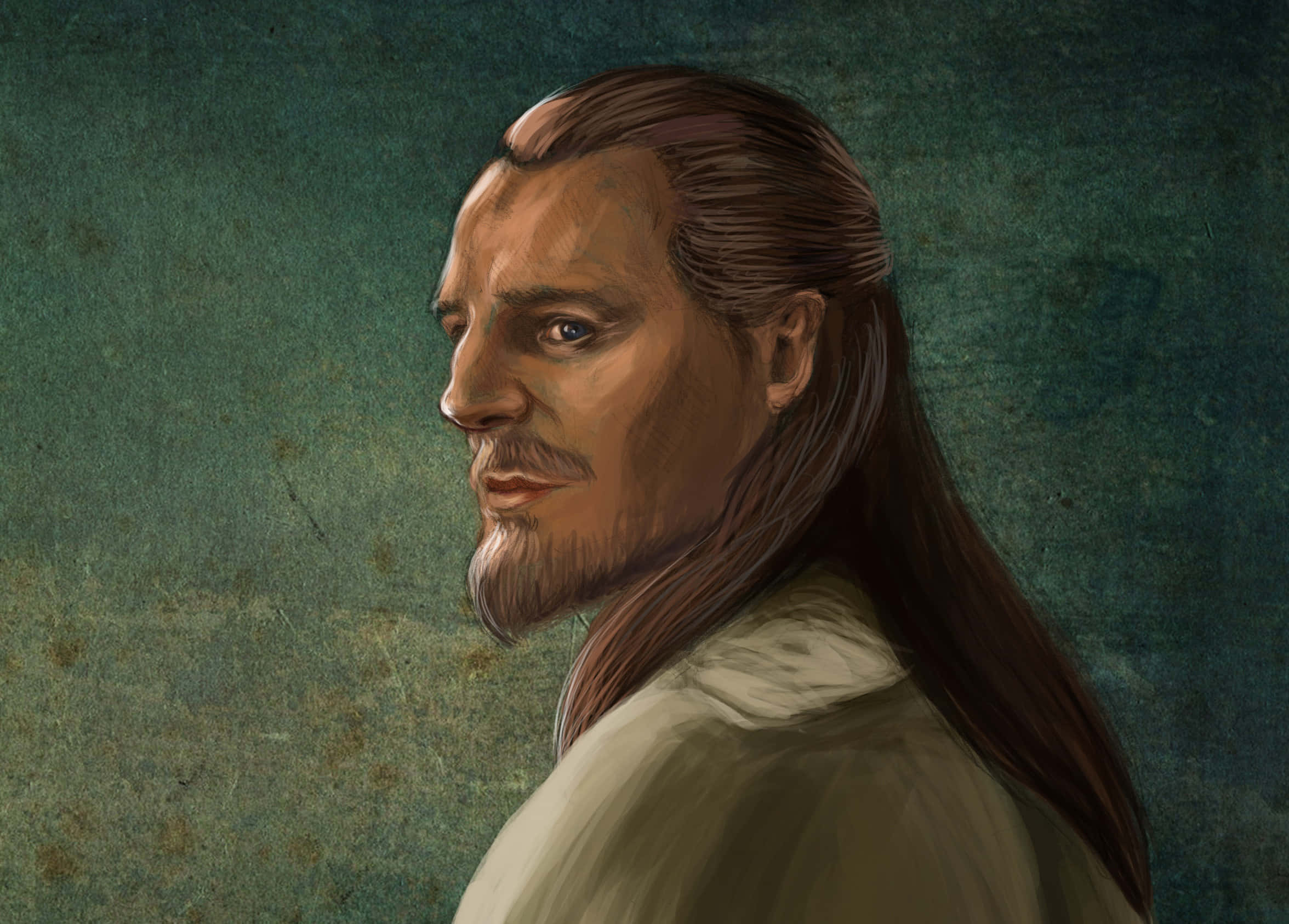 Qui-gon Jinn, lightsaber battle, teal background, Full HD Desktop Wallpaper