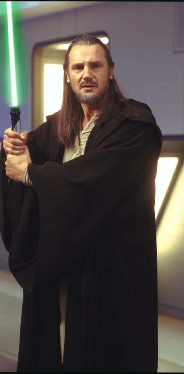 Qui-Gon Jinn, green lightsaber, black robe, HD Phone Wallpaper