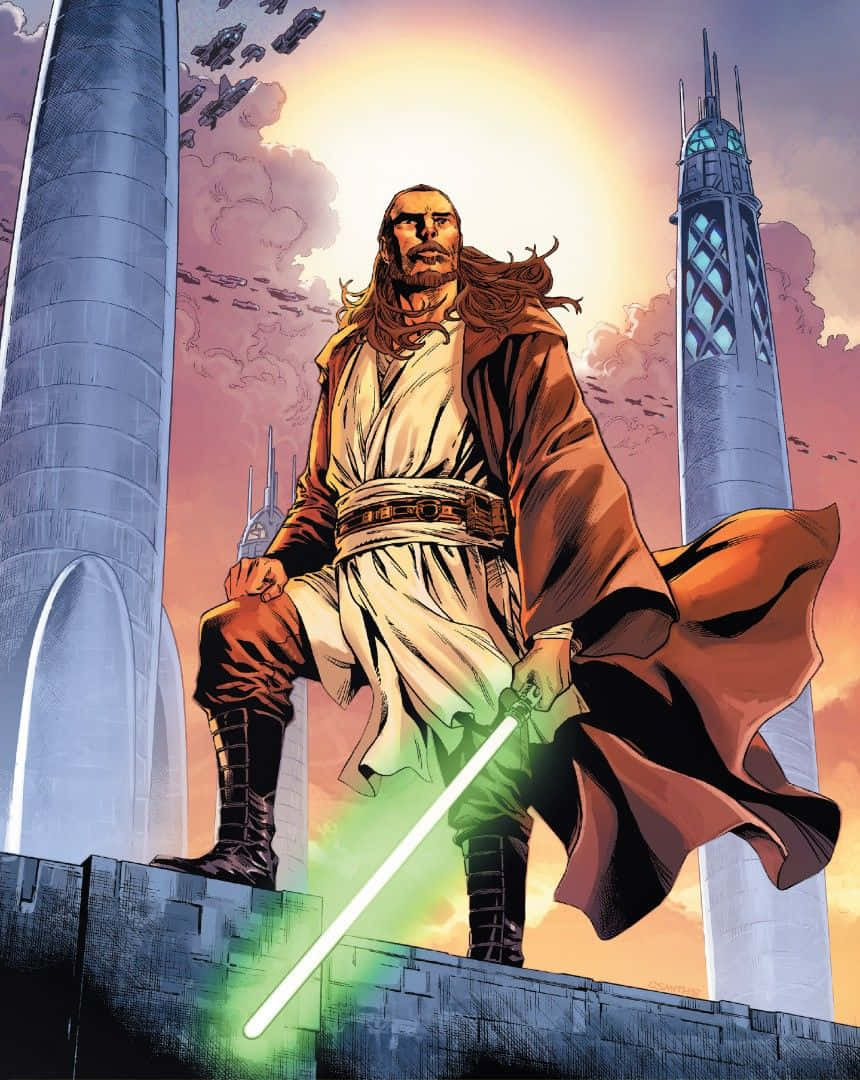 Qui-gon Jinn, green lightsaber, towering spires, SD Phone Wallpaper