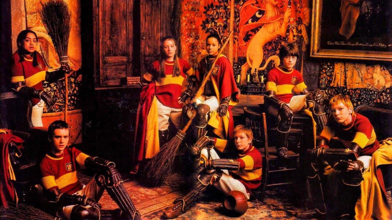 Quidditch, red and gold uniforms, brooms, HD Desktop Wallpaper