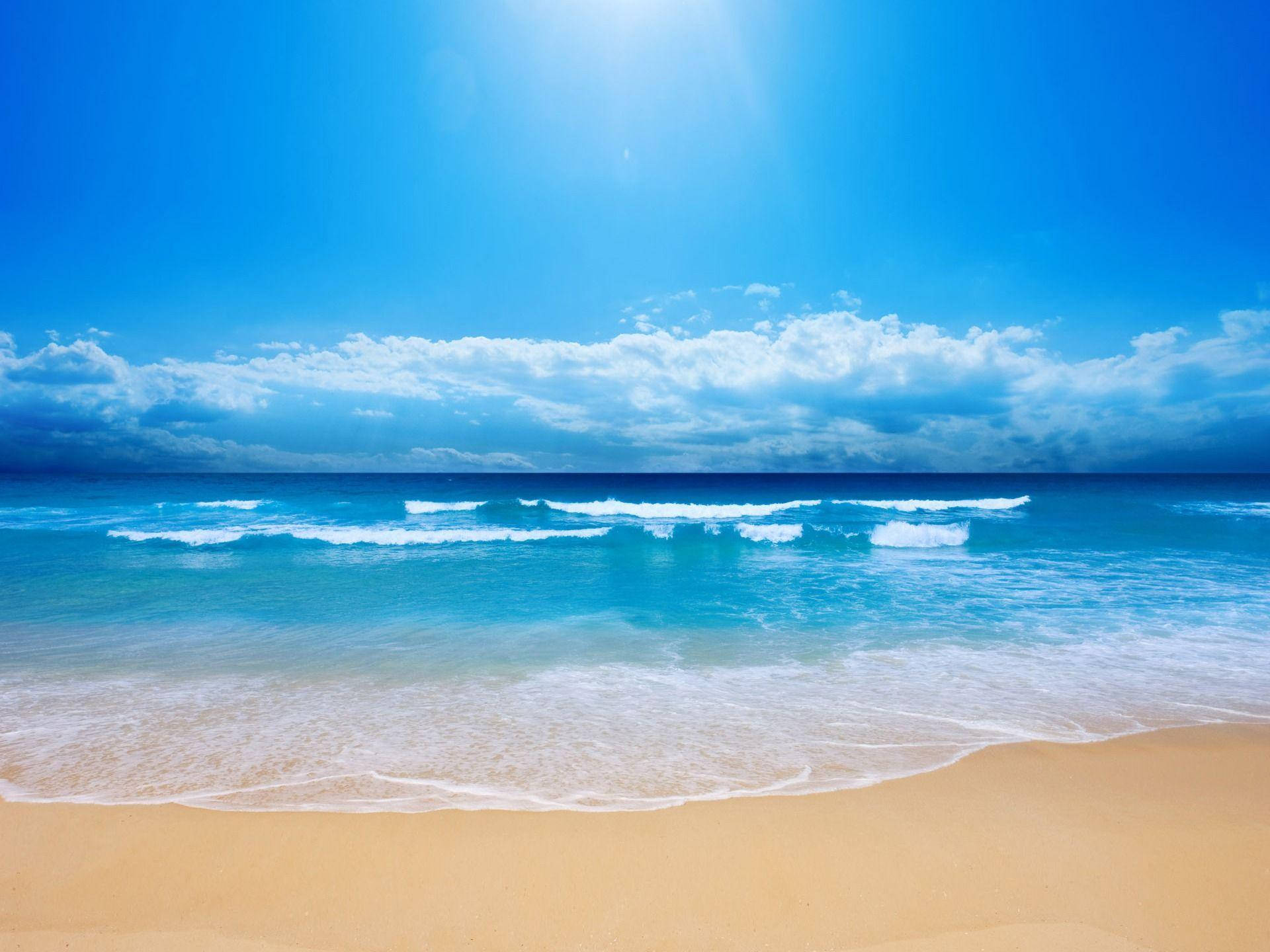 turquoise ocean, golden sand, vast blue sky, Full HD Desktop Wallpaper