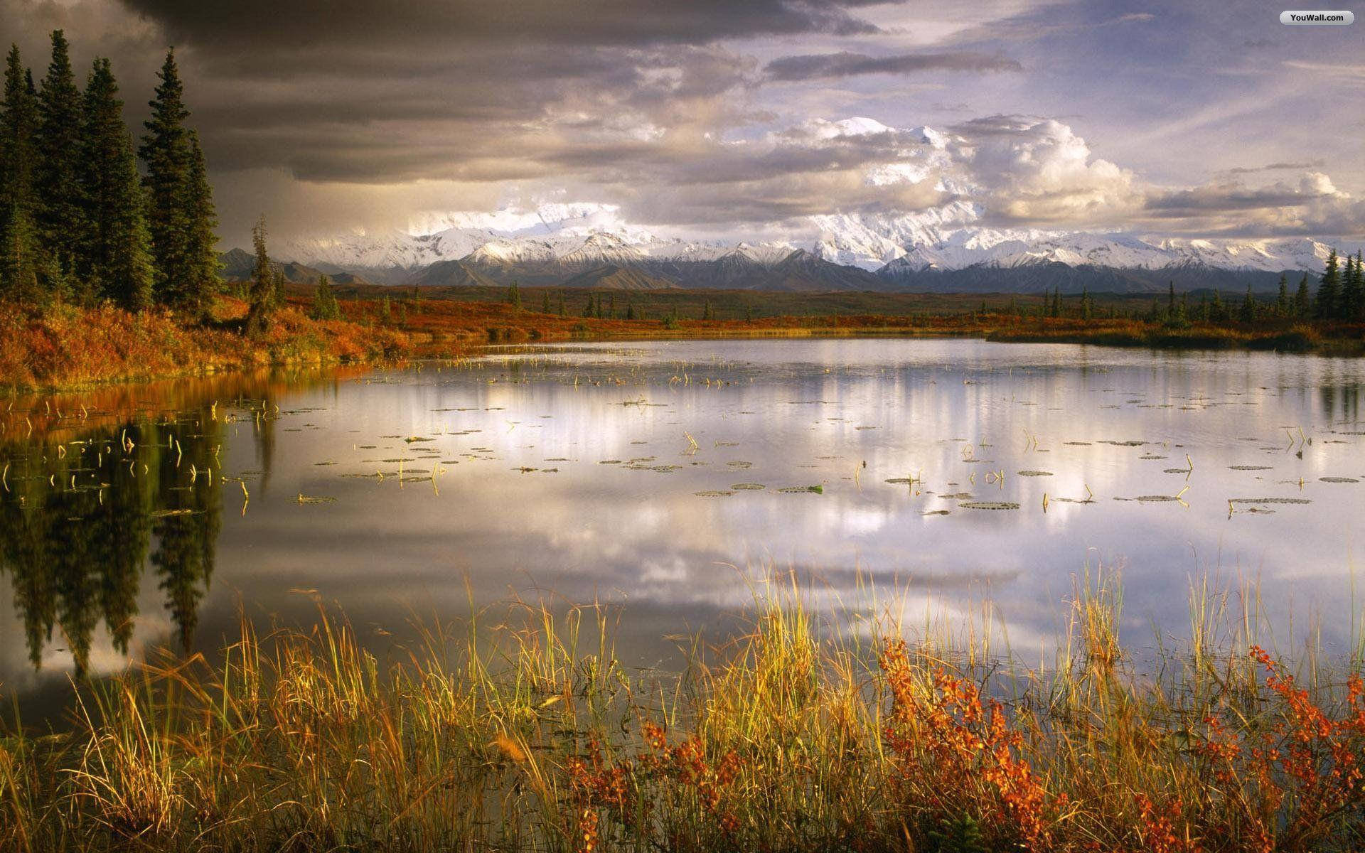 quiet lake, autumn lake, snow-capped mountains, Full HD Desktop Wallpaper