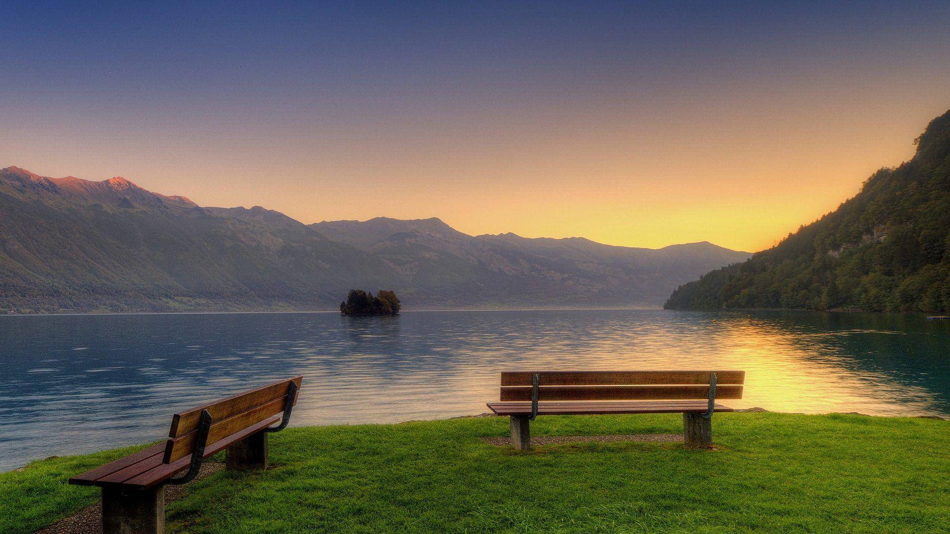 sunset, quiet lake, wooden benches, Full HD Desktop Wallpaper