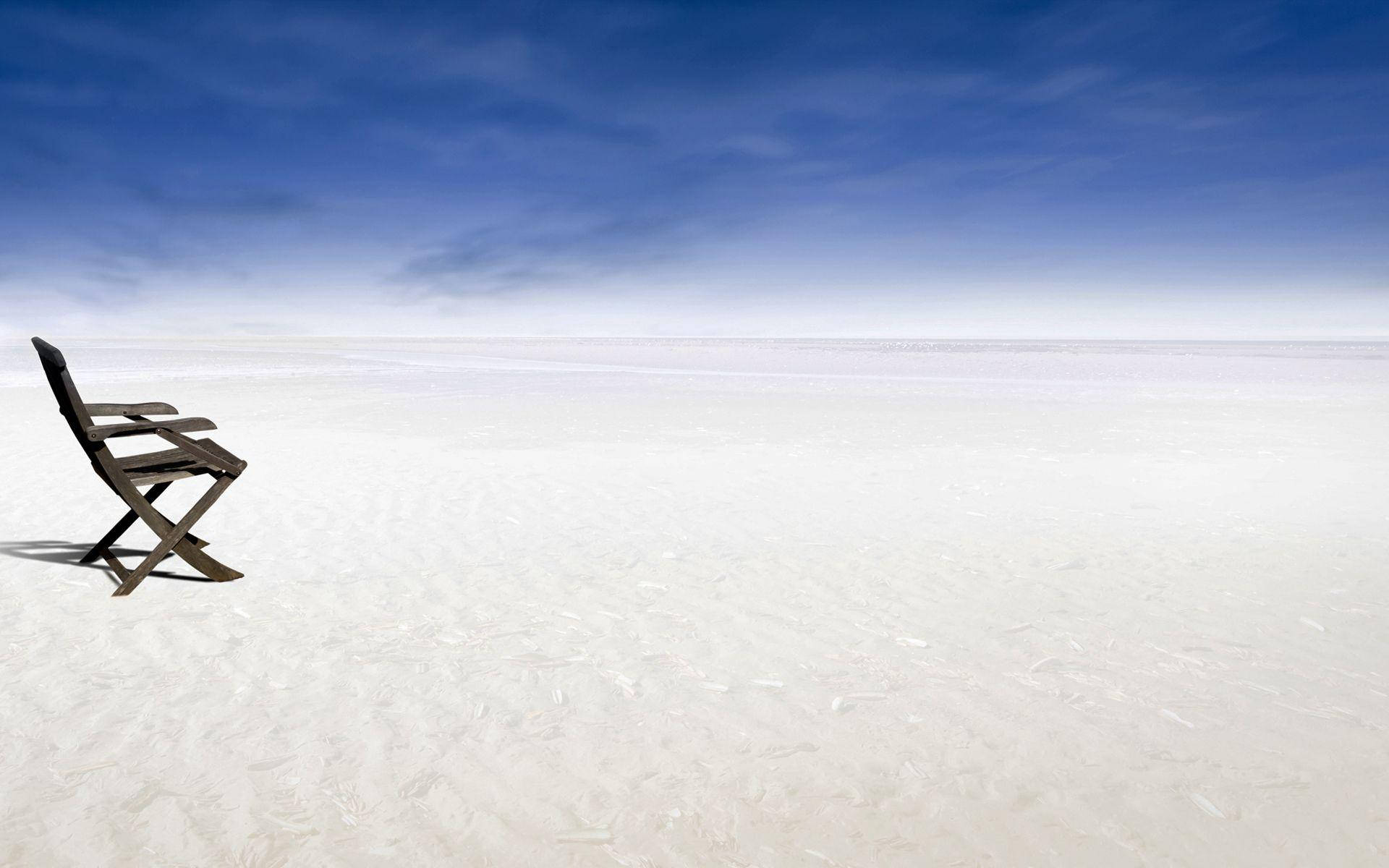 wooden chair, endless white salt flat, vast blue sky, Full HD Desktop Wallpaper