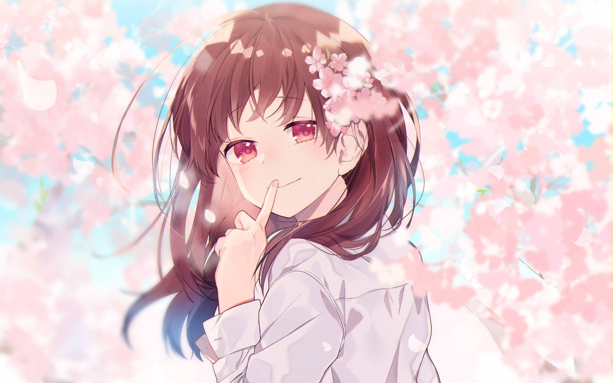 Quiet Anime Girl, pink eyes, brown hair, Full HD Desktop Wallpaper