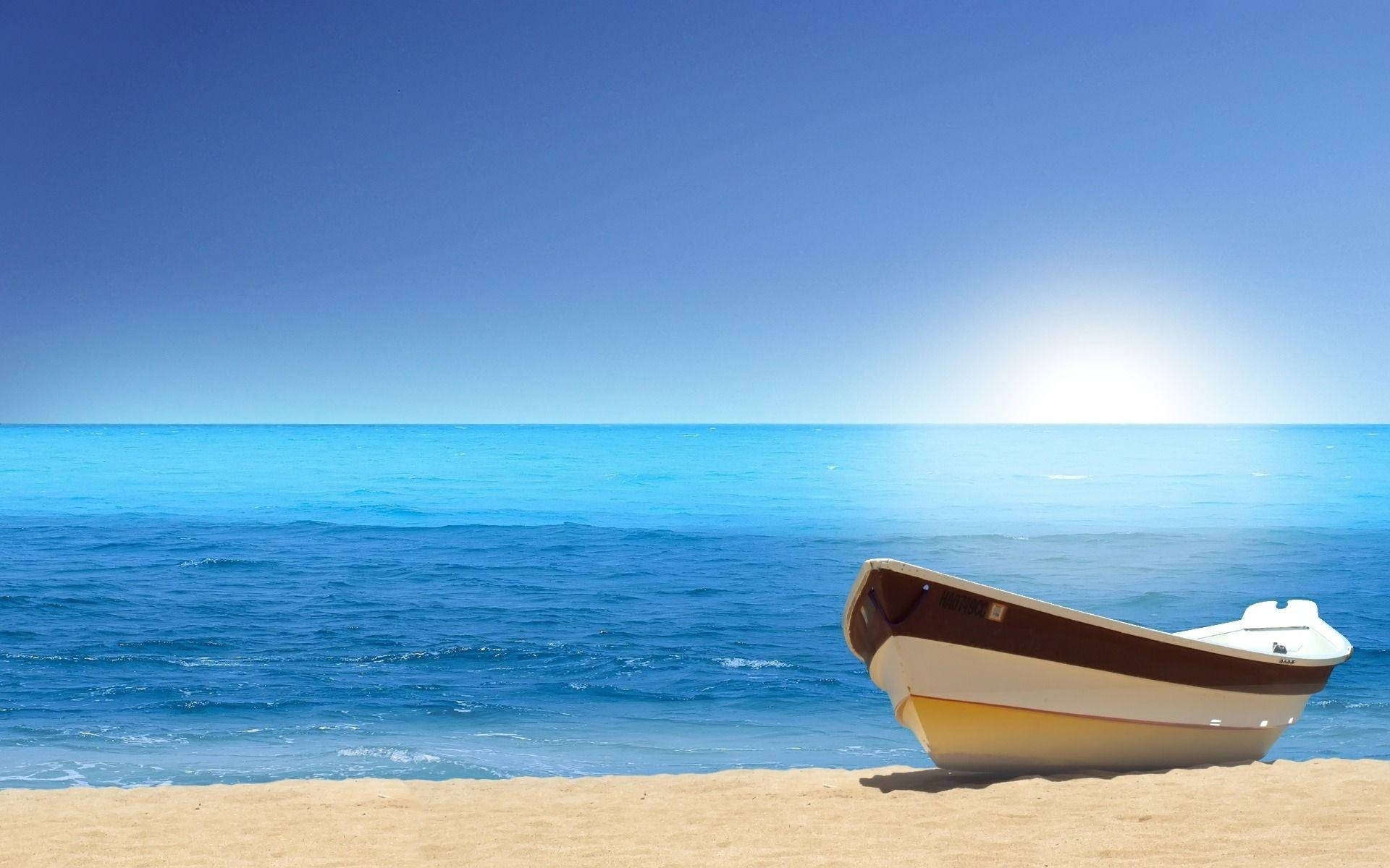 boat, quiet beach, golden sand, Full HD Desktop Wallpaper