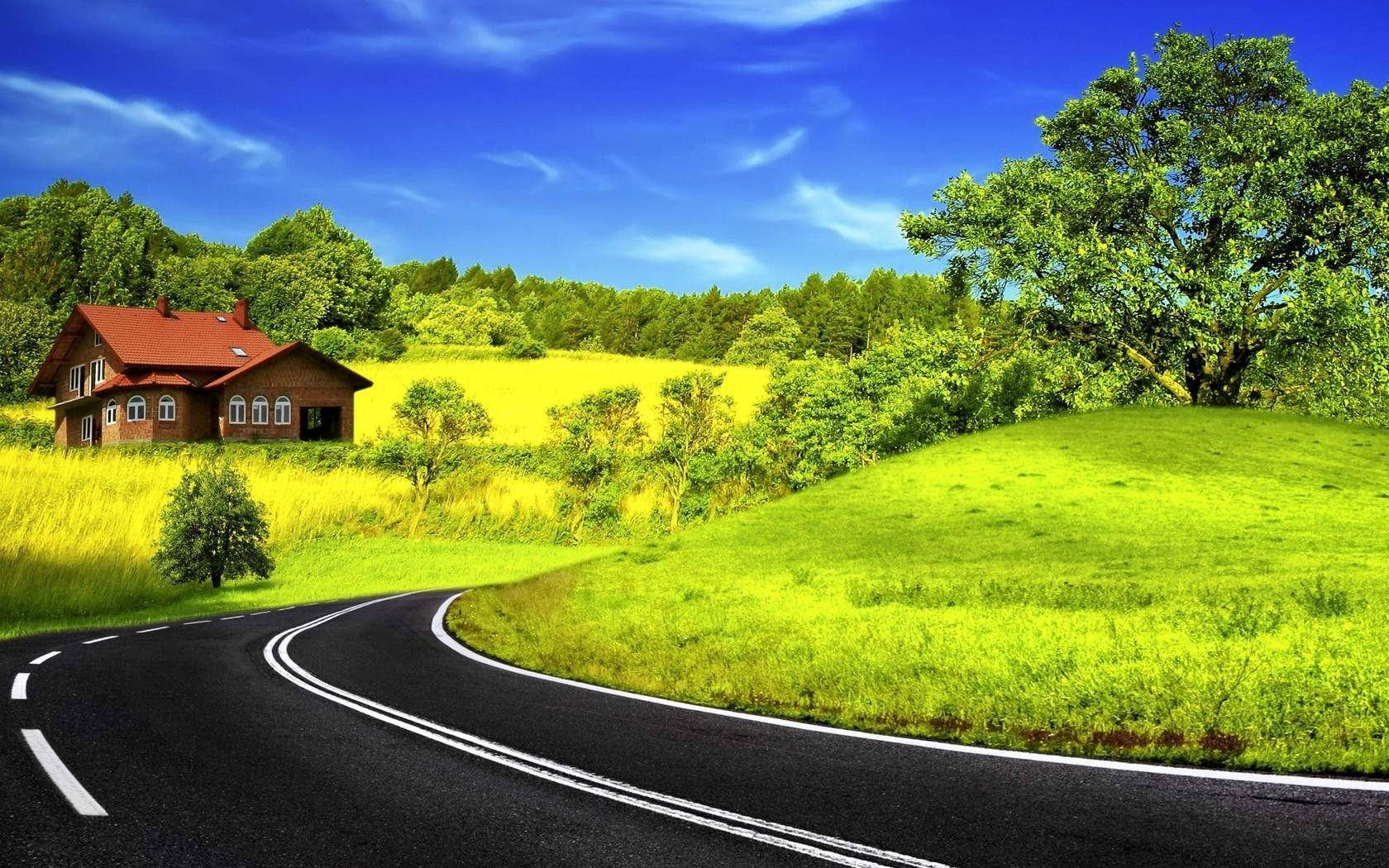 highway, quiet countryside, winding asphalt road, HD Desktop Wallpaper