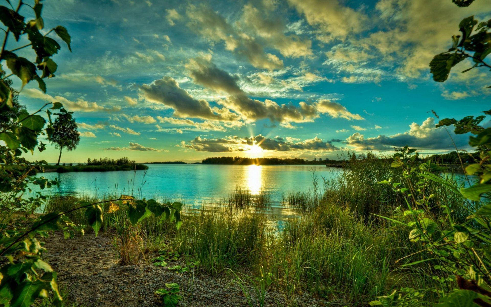 Sunset, golden, tranquil lake, Full HD Desktop Wallpaper