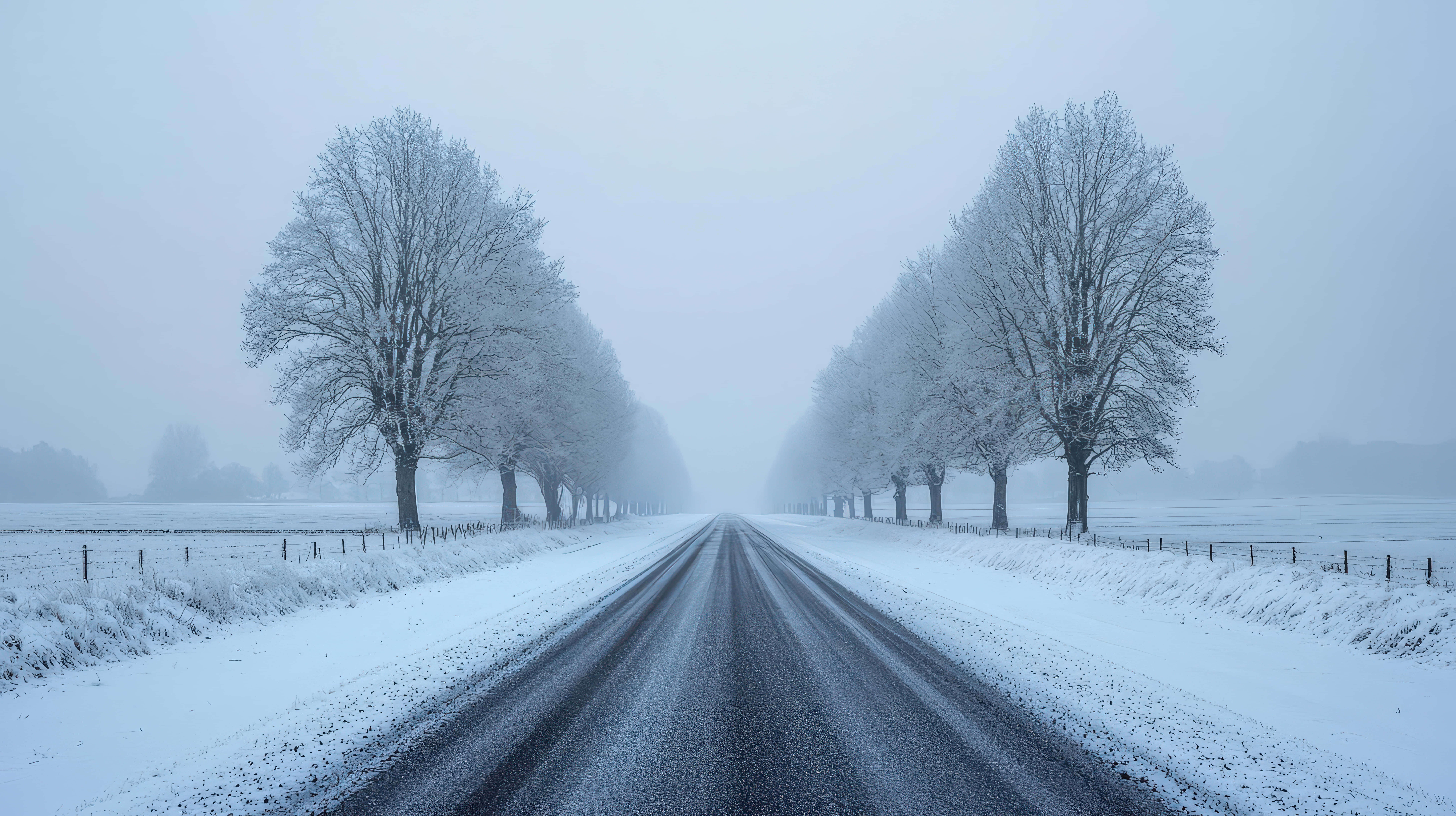frost-covered trees, snow-covered road, foggy distance, 8K Desktop Wallpaper