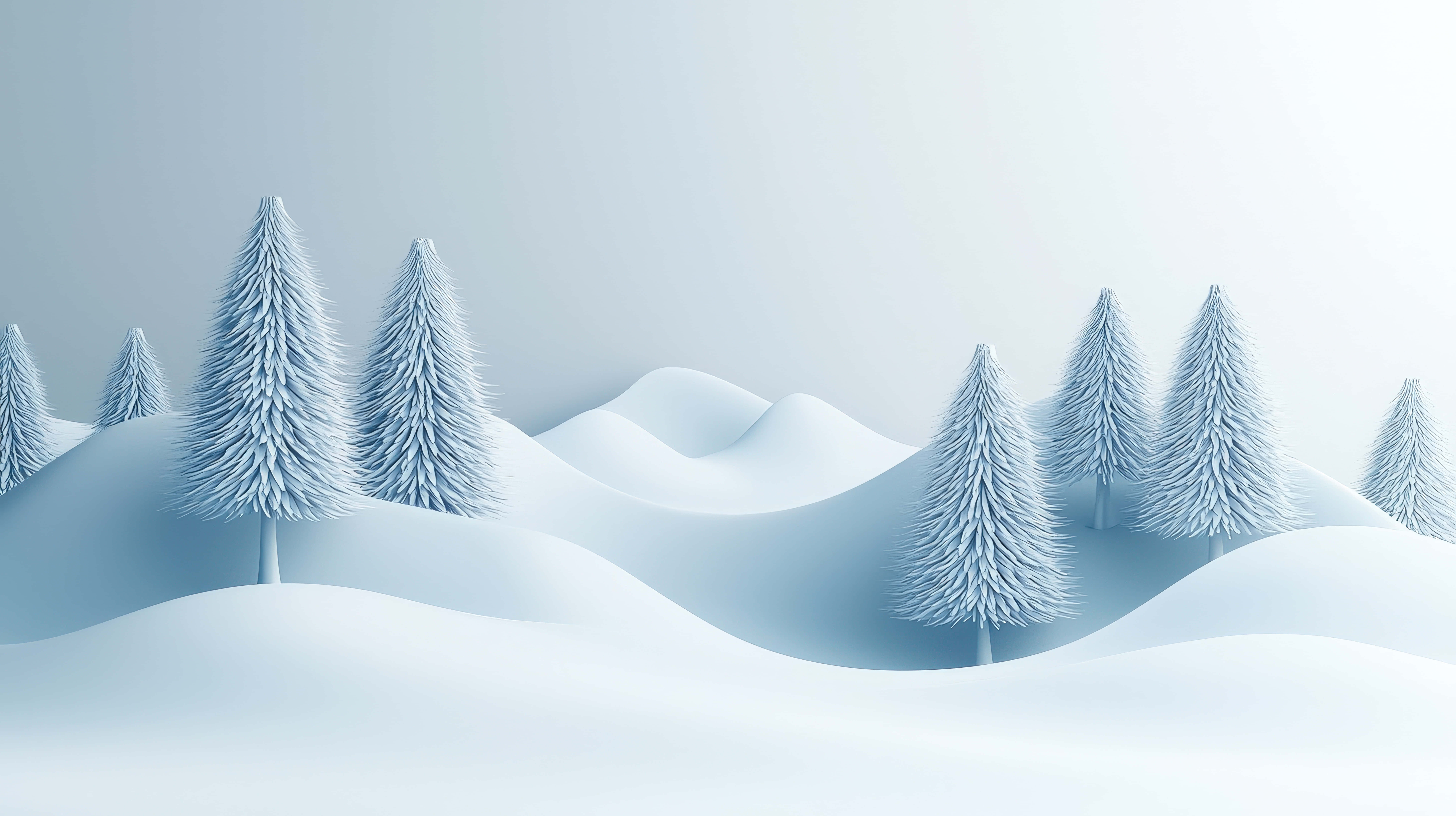 serene winter landscape, soft snow-covered hills, stylized pine trees, 8K Desktop Wallpaper