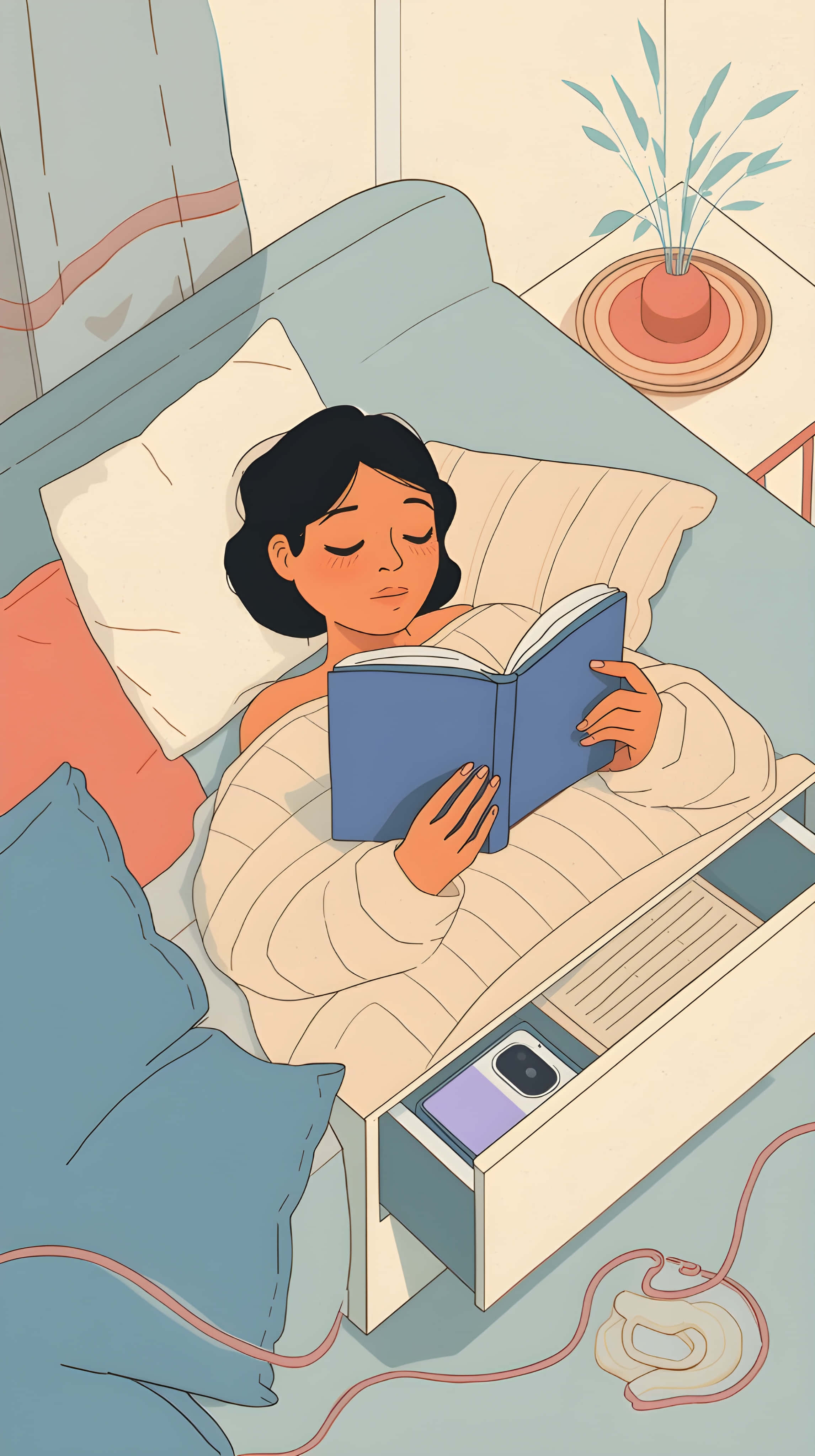 Cozy Reading Day, dark hair, blue book, 4K Phone Wallpaper