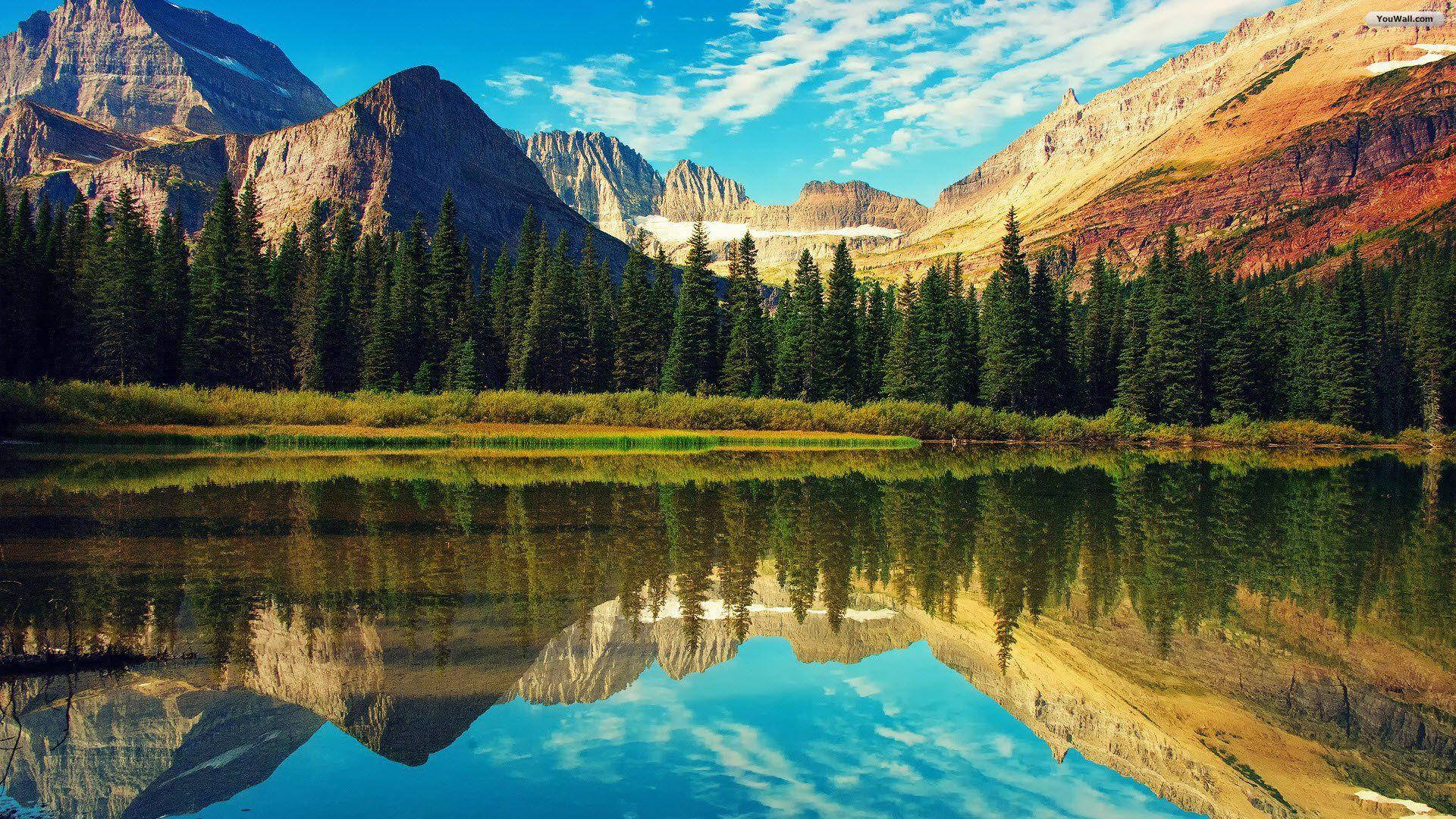 mountain lake, jagged peaks, evergreen forests, Full HD Desktop Wallpaper
