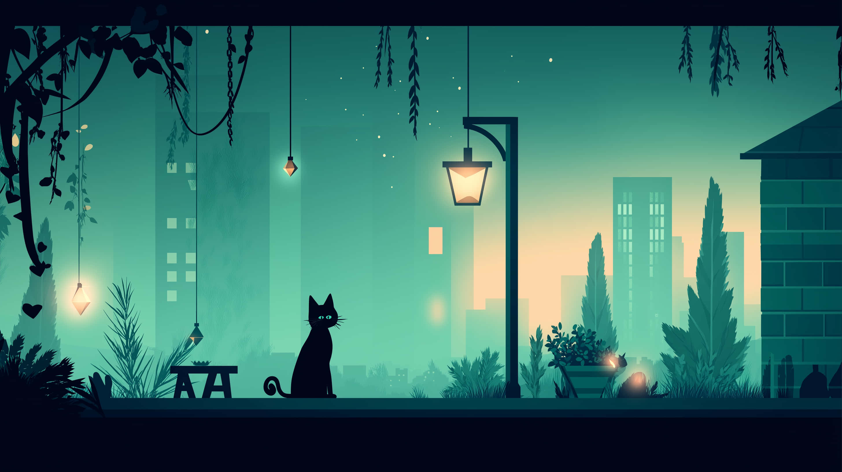 black cat, rooftop, dusk, 2K Desktop Wallpaper