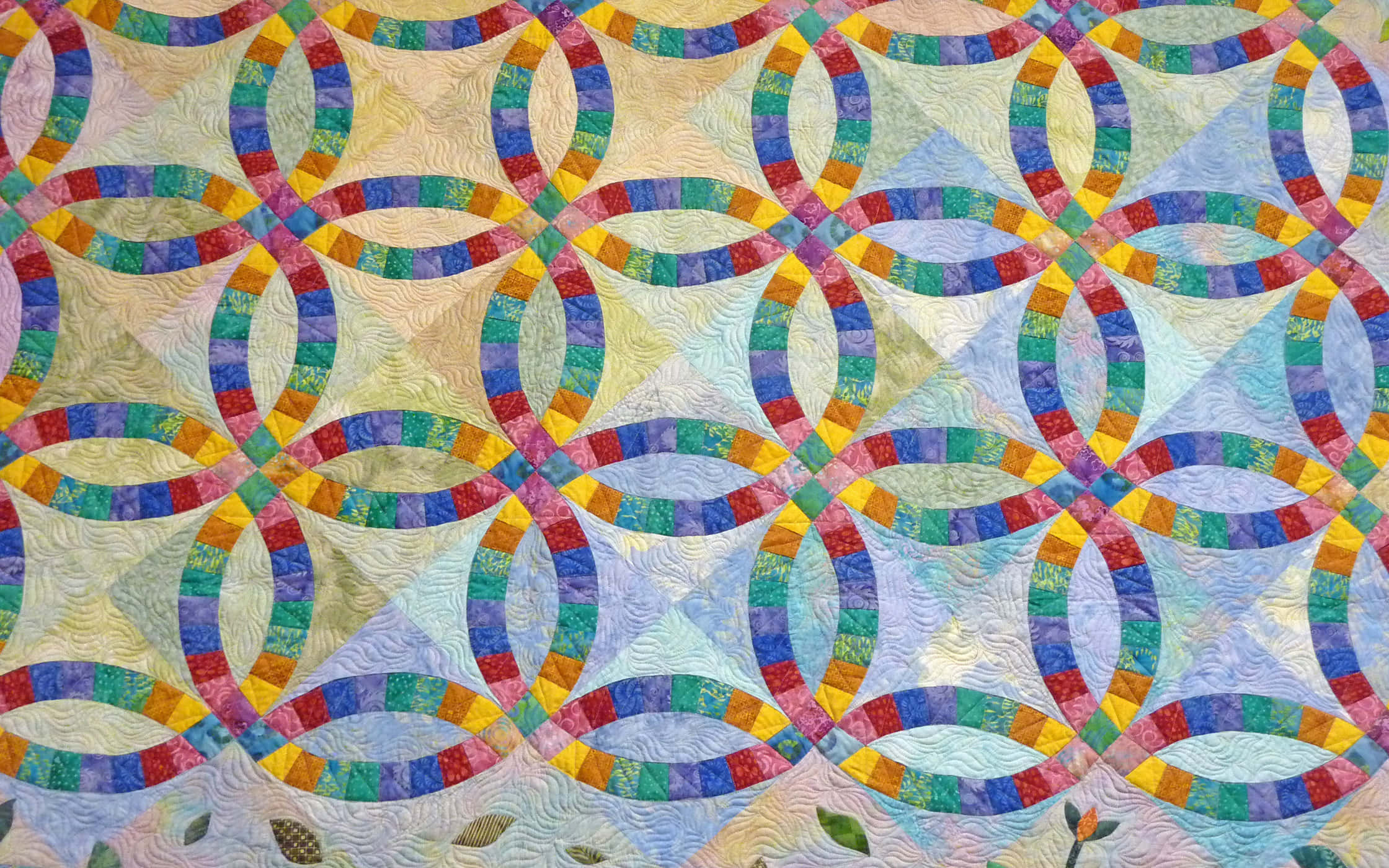 homemade quilt, rainbow-colored rings, pastel background, Full HD Desktop Wallpaper