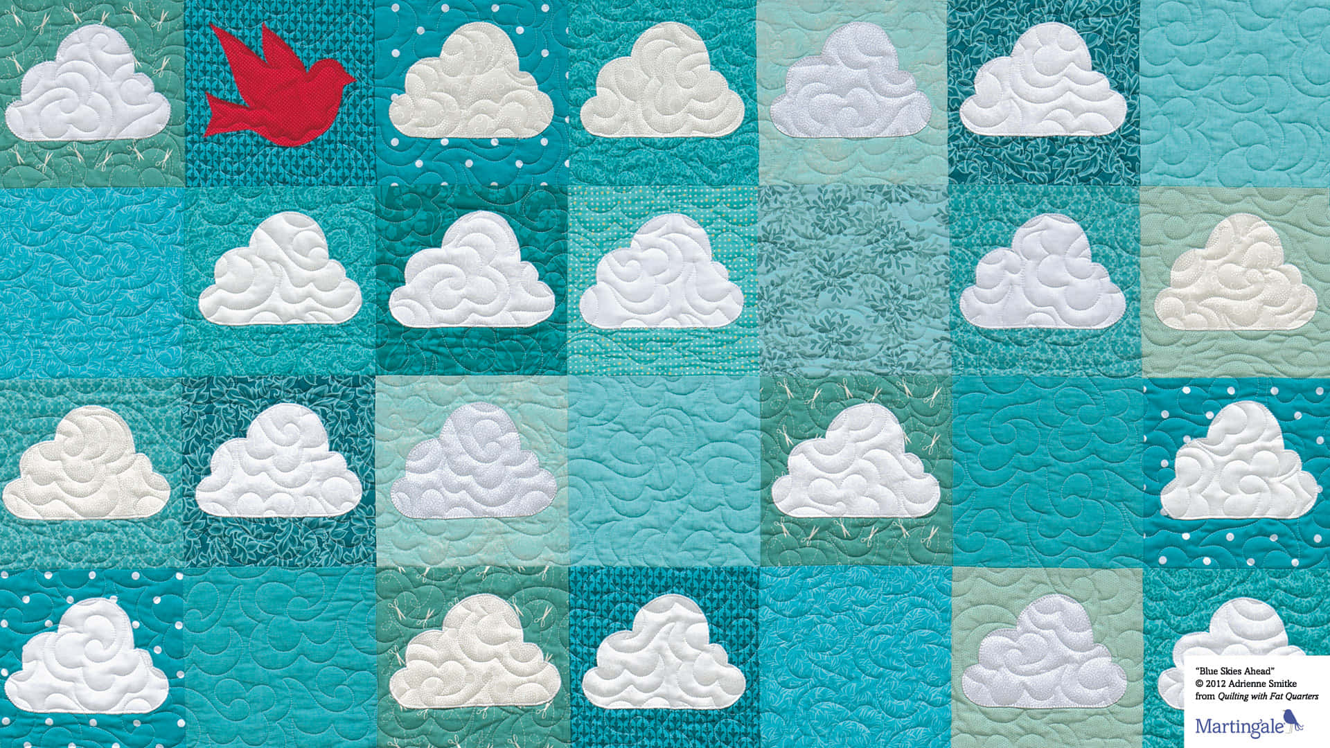 quilt, white cloud appliqués, teal textured squares, Full HD Desktop Wallpaper