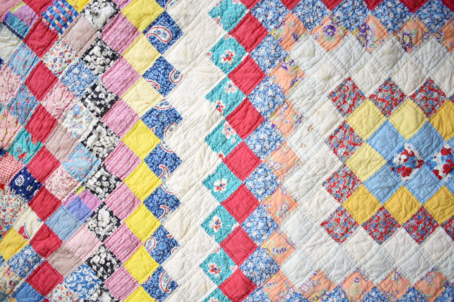quilt, diamond-shaped fabric squares, floral patterns, HD Desktop Wallpaper