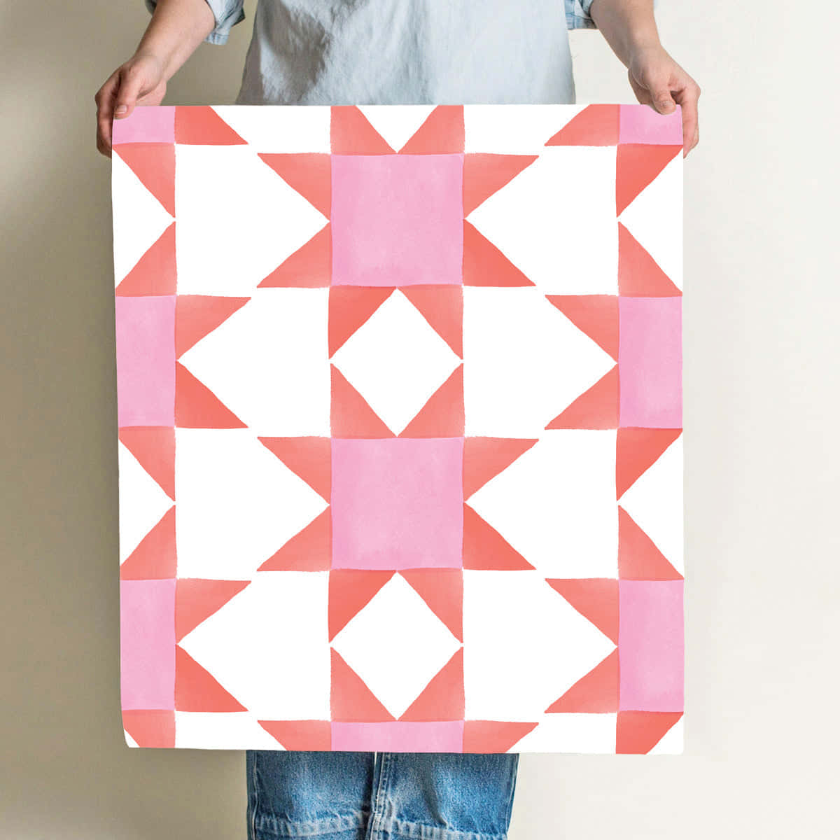 pink and white quilt, geometric pattern, pink and coral triangles, SD Desktop Wallpaper