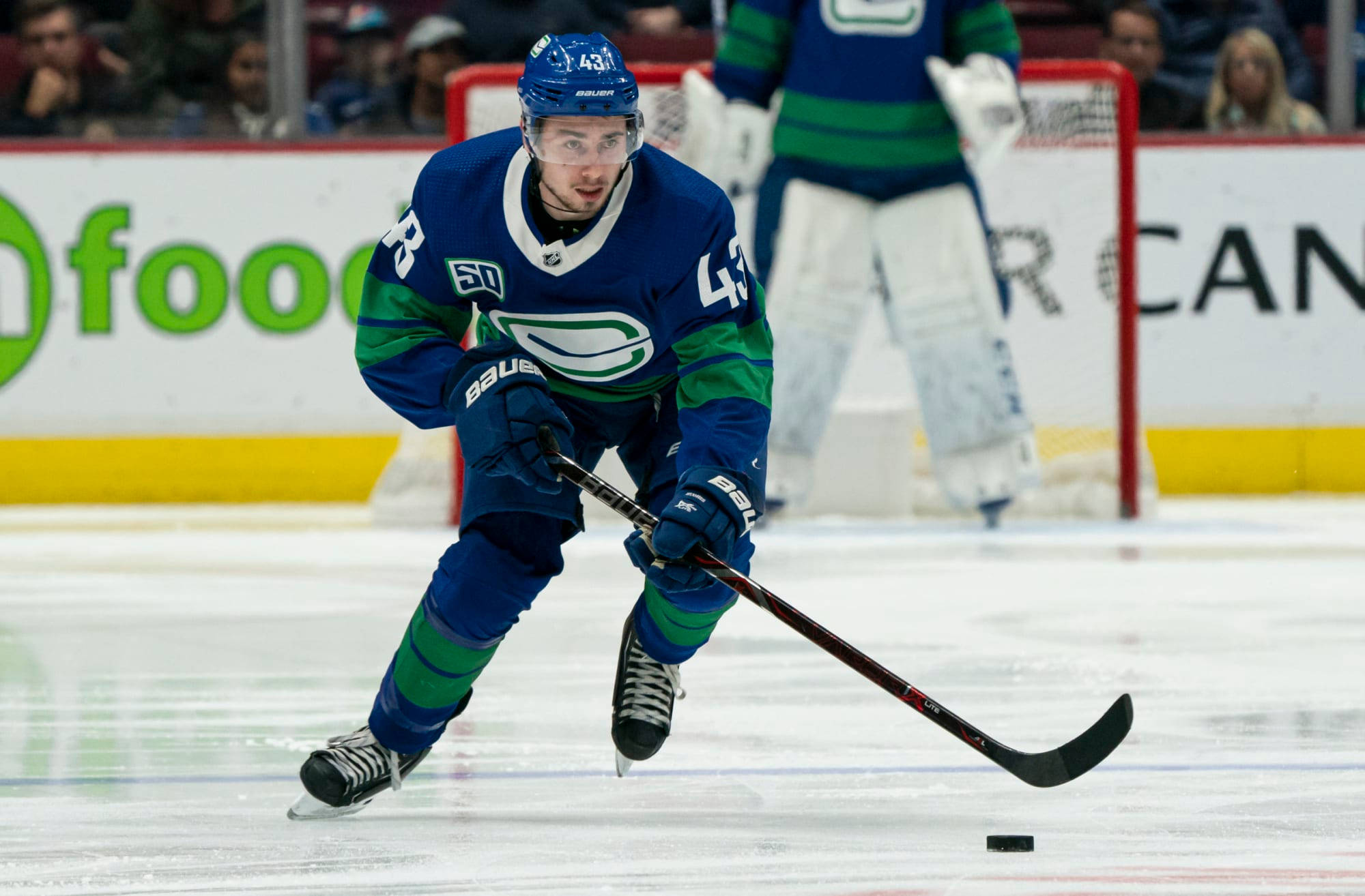 Quinn Hughes, dribbling hockey puck, rink, Full HD Desktop Wallpaper