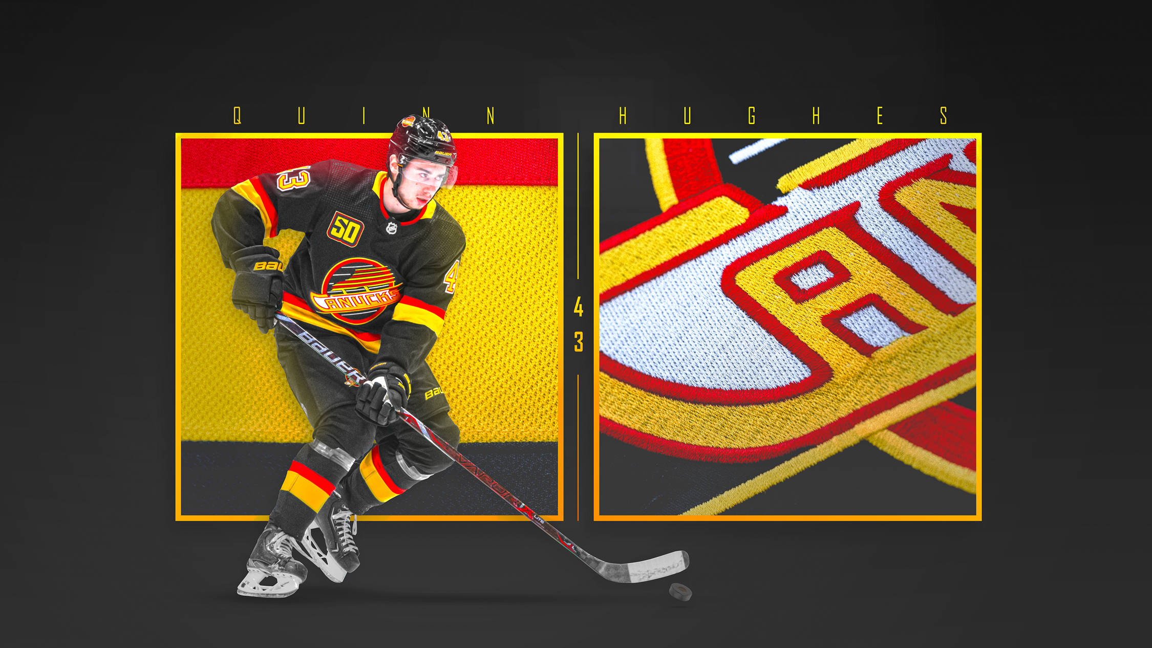 Quinn Hughes, black yellow and red uniform, team logo, Full HD Desktop Wallpaper