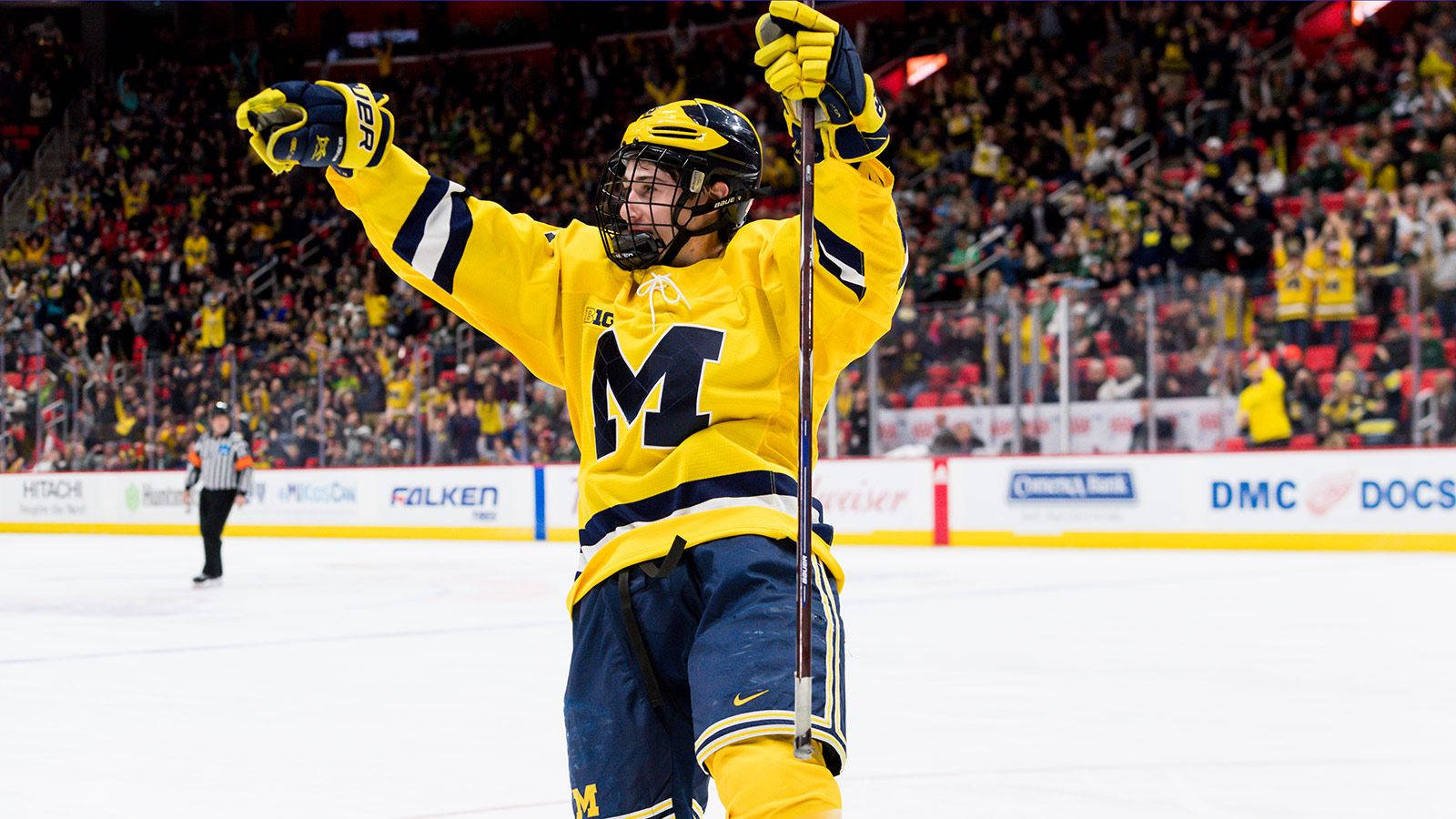 Quinn Hughes, yellow jersey, hockey stick, HD Desktop Wallpaper