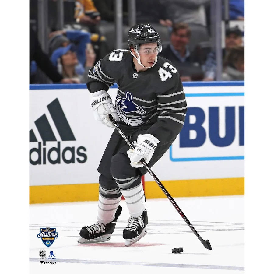 Quinn Hughes, black jersey, hockey puck, SD Desktop Wallpaper