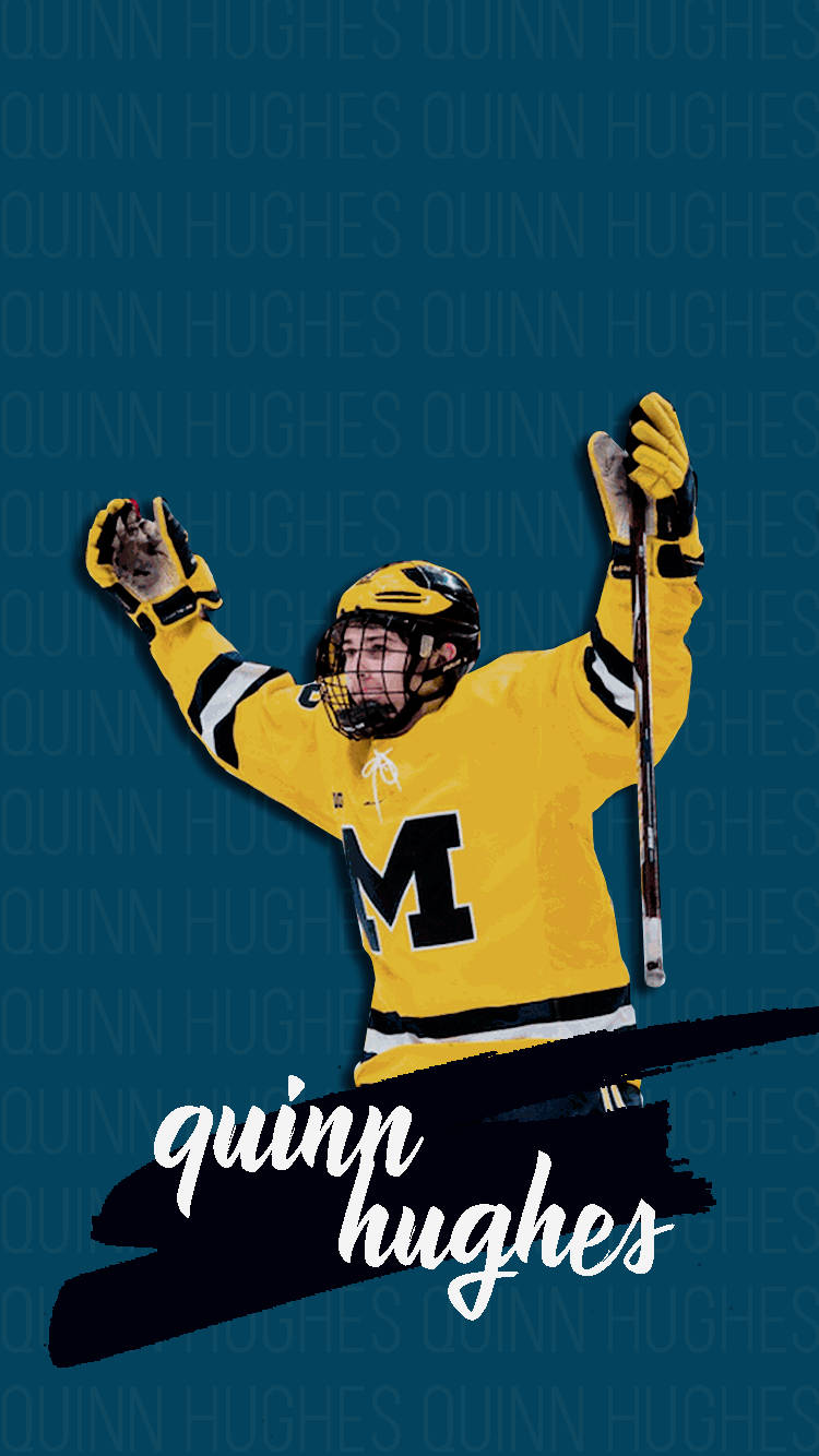 Quinn Hughes, yellow Michigan jersey, hockey stick, HD Phone Wallpaper