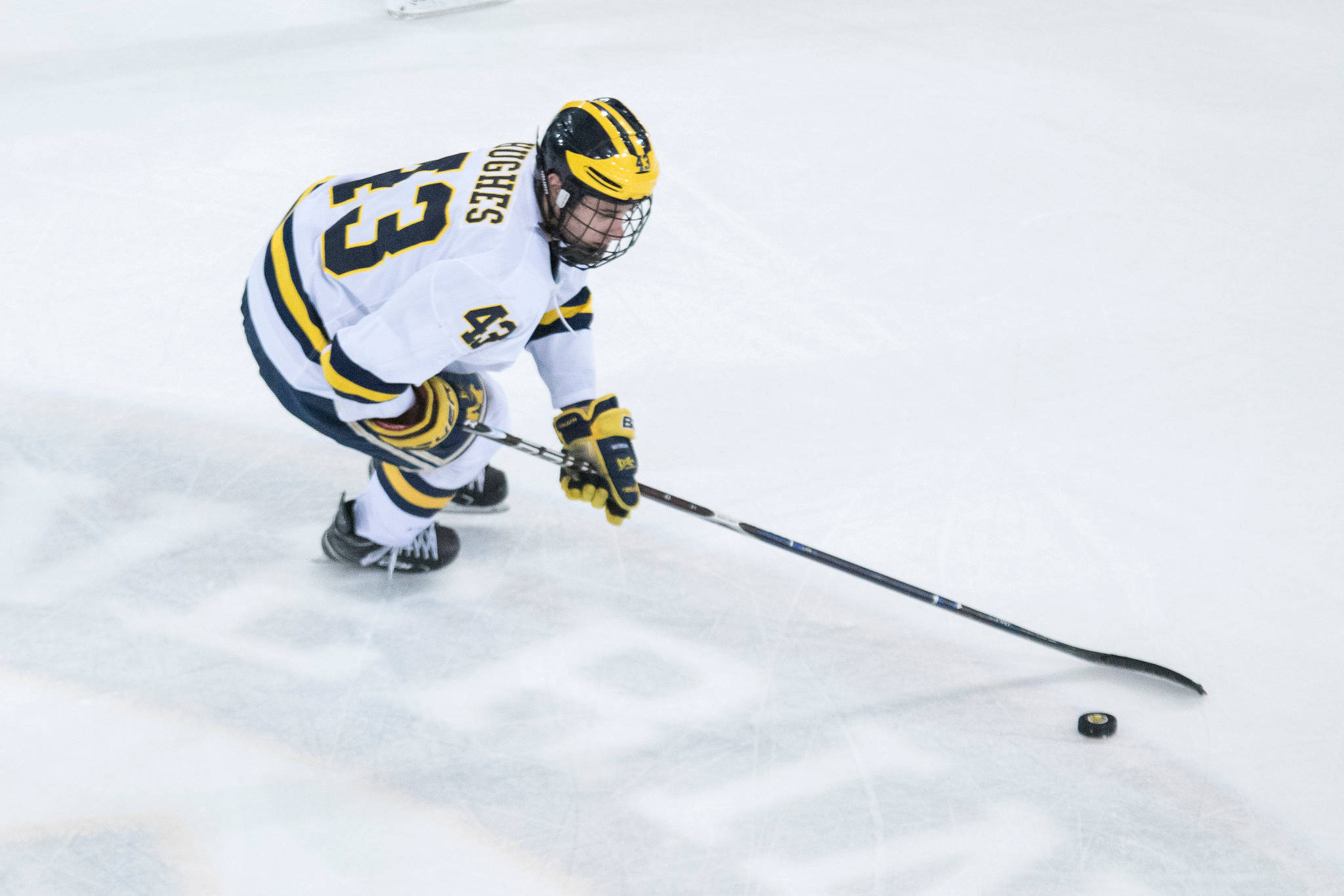 Quinn Hughes, white yellow and blue gear, ice, Full HD Desktop Wallpaper