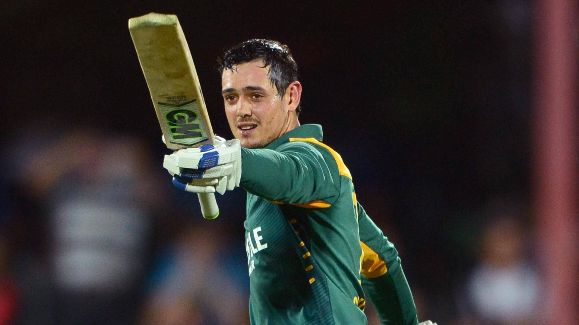 Quinton De Kock, cricket bat, green and yellow uniform, Full HD Desktop Wallpaper